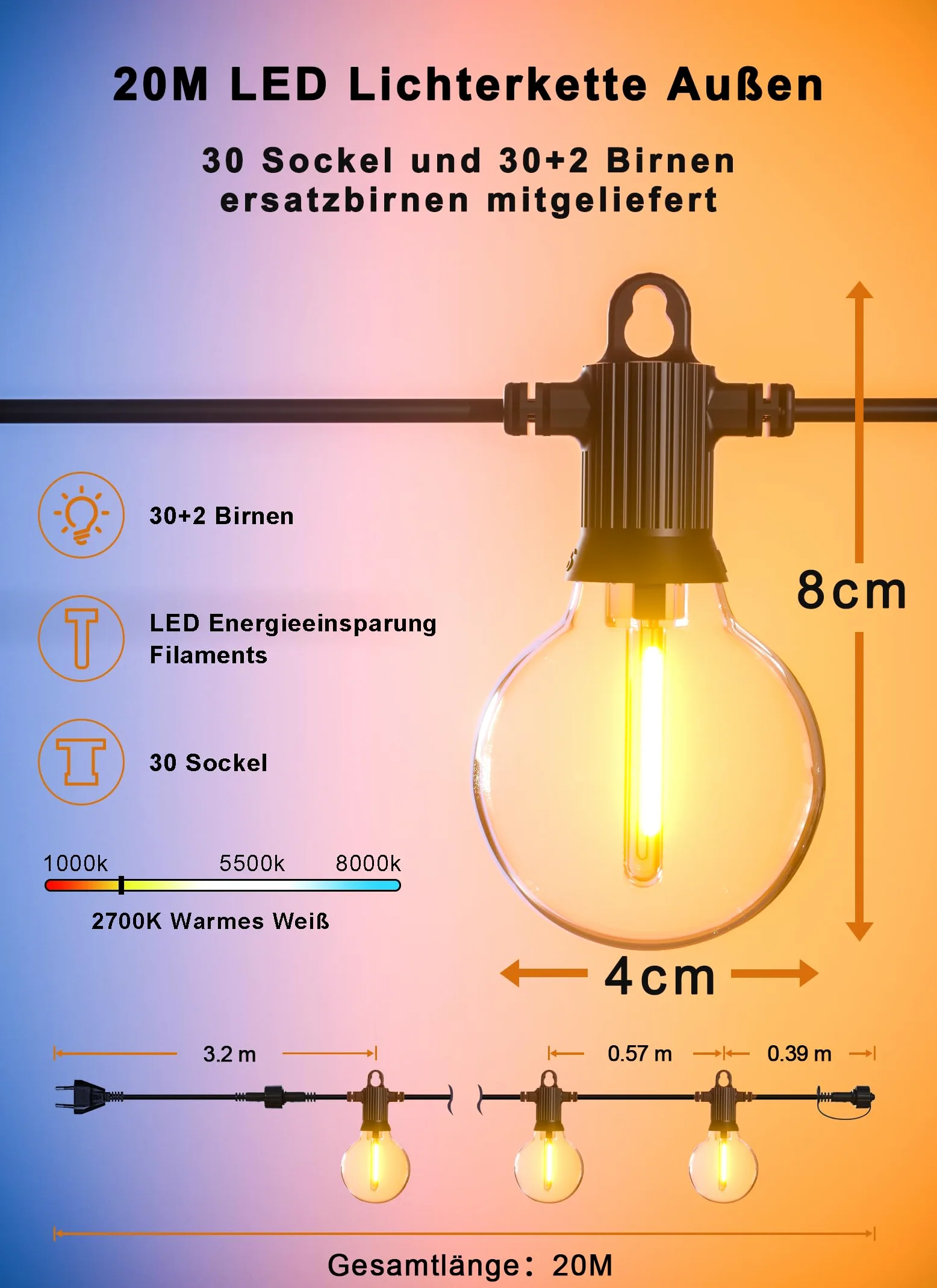 Zuske Catena luminosa da 20 m, per esterni, con 30 + 2 lampadine G40, infrangibili, IP65, impermeabile, per giardino, terrazza, matrimoni, feste, bistrò, balcone