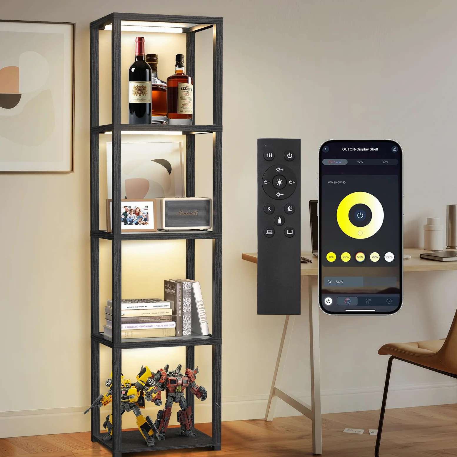 OUTON 170cm Vetrina in Vetro con Luci, Lampada da Terra a LED Dimmerabile con Telecomando e Controllo via App, Libreria Aperta per Oggetti da Collezione per Soggiorno e Camera da Letto, Nera
