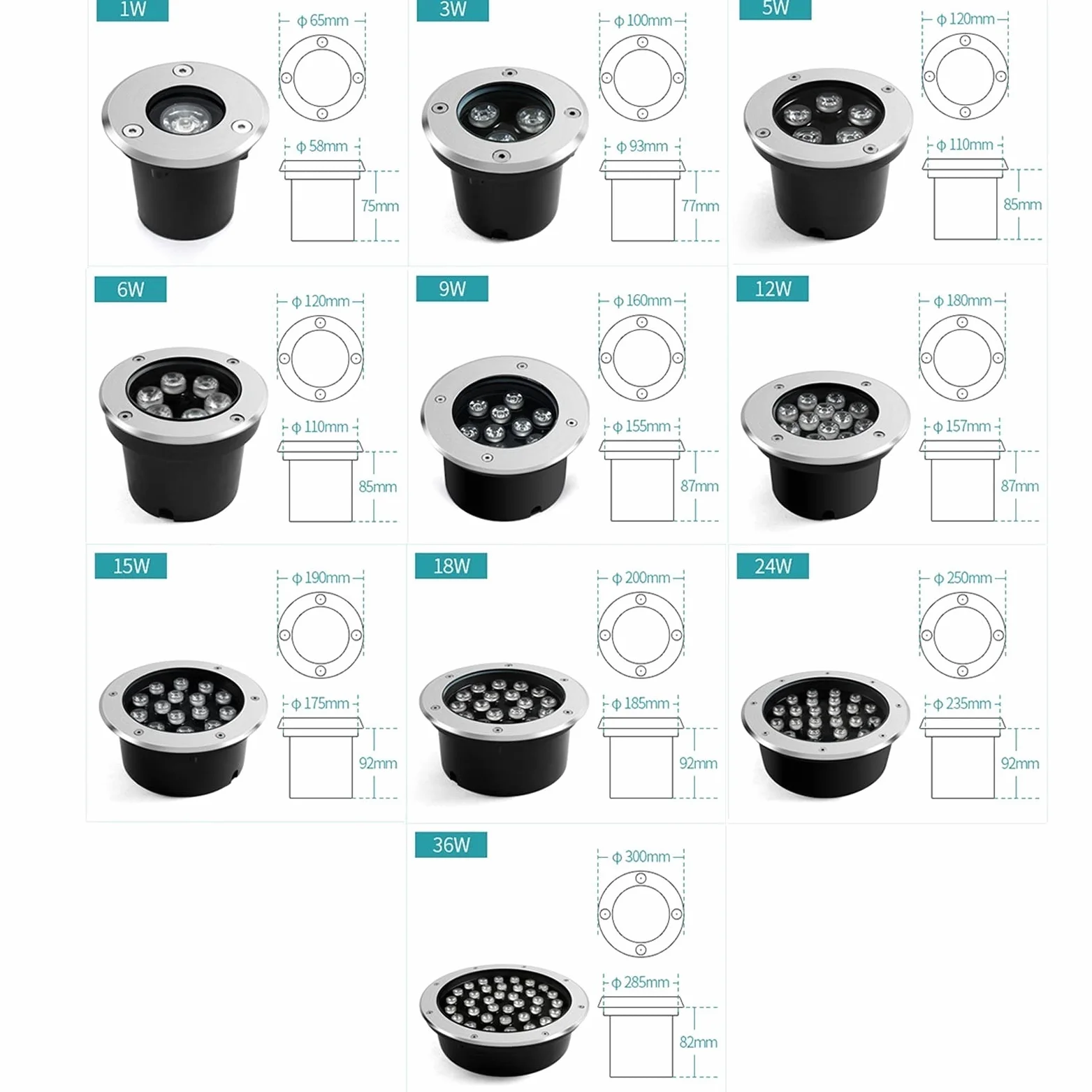 Faretti calpestabili per esterno IP68 impermeabile faretto incasso a terra 110-230V Ad alta potenza luci incasso pavimento esterno Acciaio inossidabile pieno 8 colori, 8 potenza ( Color : Bianco fredd