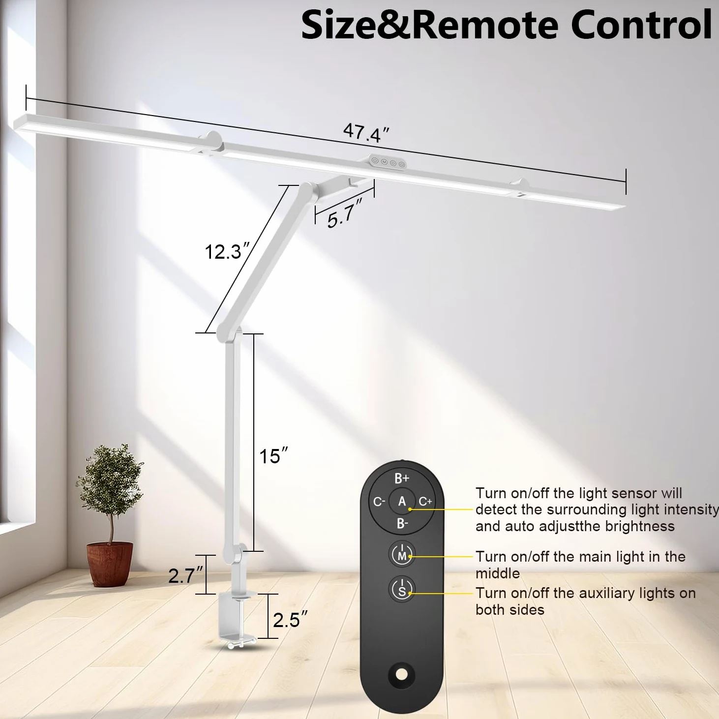 EPABINA Lampada da scrivania ultra luminosa da 36 W con morsetto, alta lampada da scrivania a LED girevole per casa e ufficio, barra luminosa per monitor regolabile da 119 cm, con telecomando, per