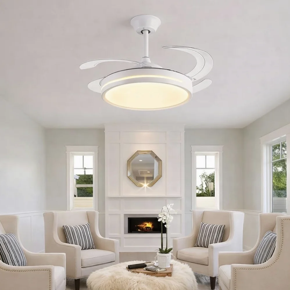 Generico Ventilatore da Soffitto con Luce LED, Pale Retrattili 120 cm, Telecomando Incluso, 3 Temperature Luce, 6 Velocità, Timer, Design Moderno per Soggiorno Camera da Letto
