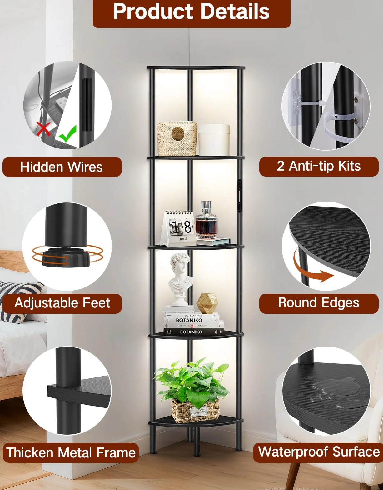 Lampada da Terra LED con Libreria Angolare a 5 Ripiani, Dimmerabile con Touch e Telecomando, 3 Temperature di Colore, Scaffale ad Angolo in Legno per Soggiorno, Camera da Letto e Ufficio
