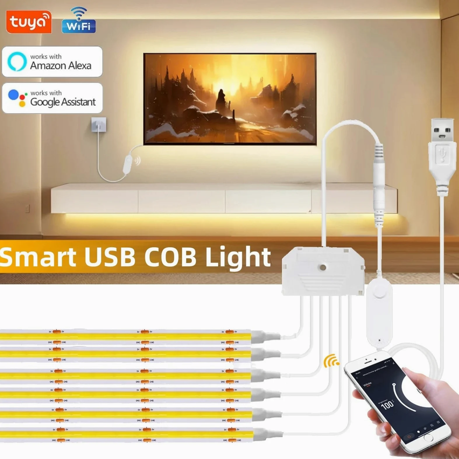 Striscia LED Smart Life APP Controllo dimmerabile 5V USB 320LED Armadio da cucina a parete con luce lineare(White,5 Strip with Wifi,2m)