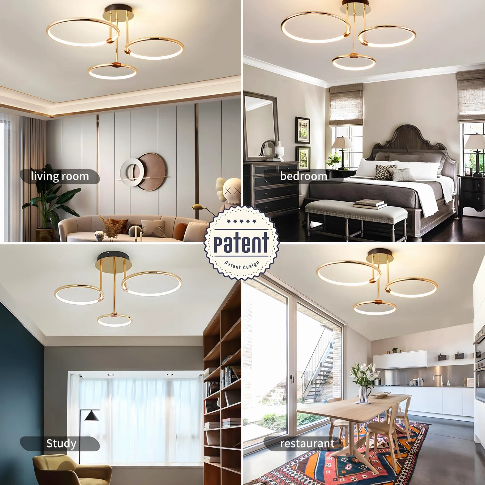3 Anelli Rotondi Design Oro LED Plafoniera, Lampadario Ø56cm | 60W Dimmerabile Continuo, Pendente Placcato In Metallo Creativo, Lampada Moderna Per Soggiorno In Camera Letto Studio Ufficio