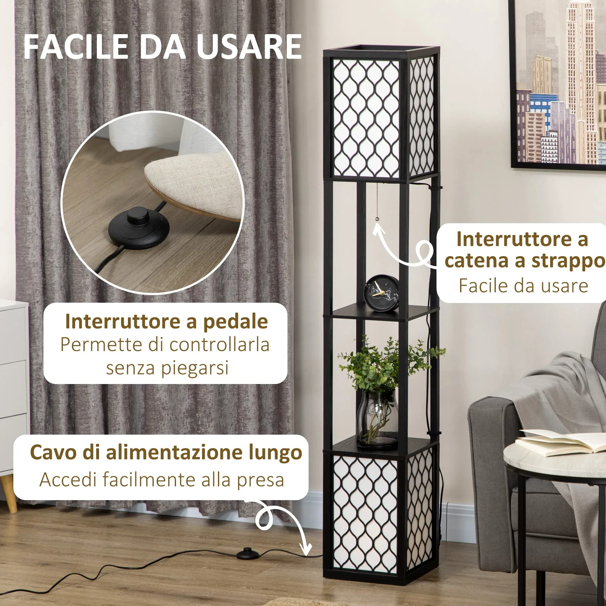 HOMCOM Lampada da Terra a Colonna in MDF e Plastica PP con 2 Ripiani, per Soggiorno, Studio e Camera da Letto, 26x26x156 cm, Bianca e Nera