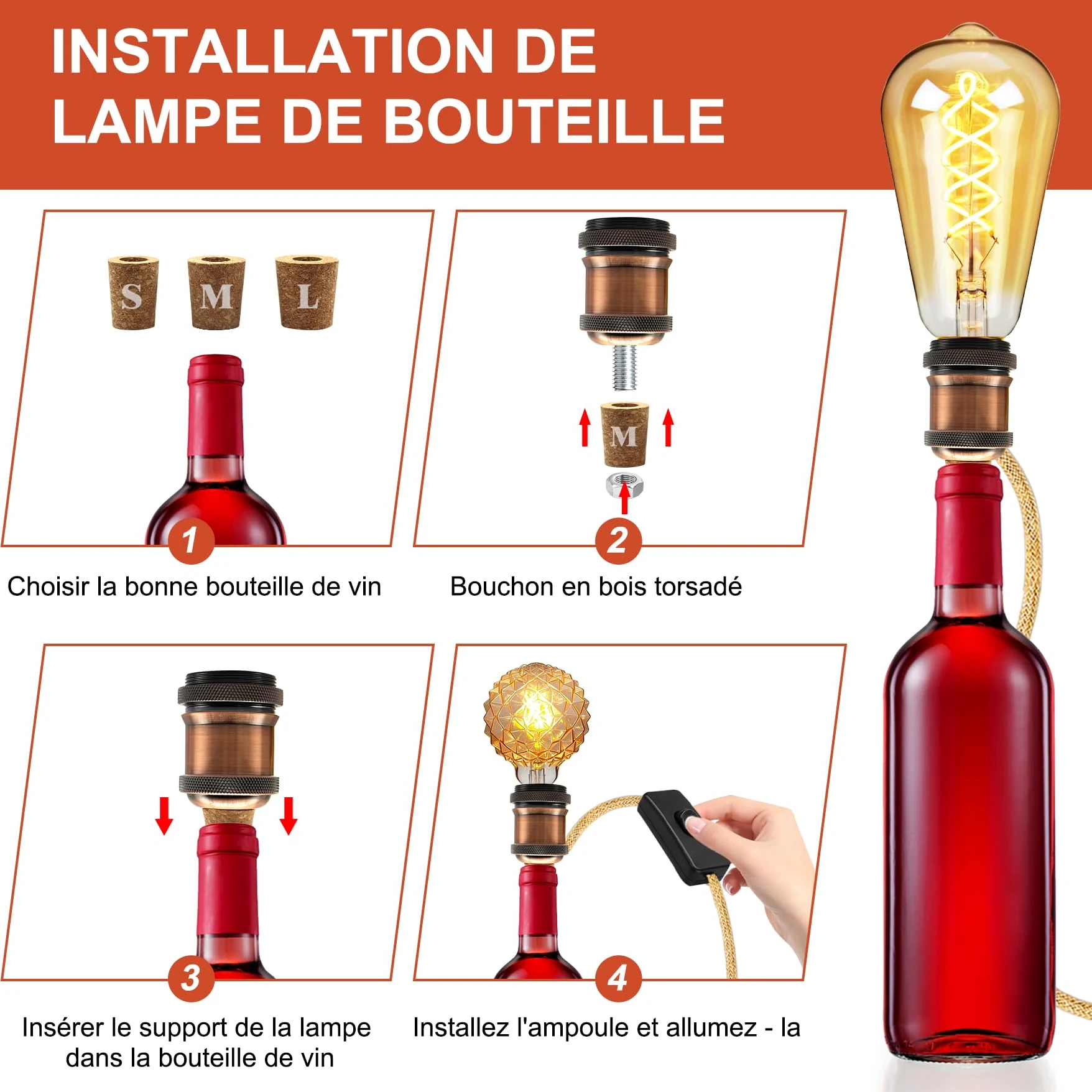 2PCS Kit Lampada Bottiglia, Portalampada E27 con Cavo di Canapa da 240CM, Supporto per Lampada Bottiglia, 3 Tappi Flessibili, Adattatore per Bottiglia per Portalampada, Può Fare da Paralume, Rosso