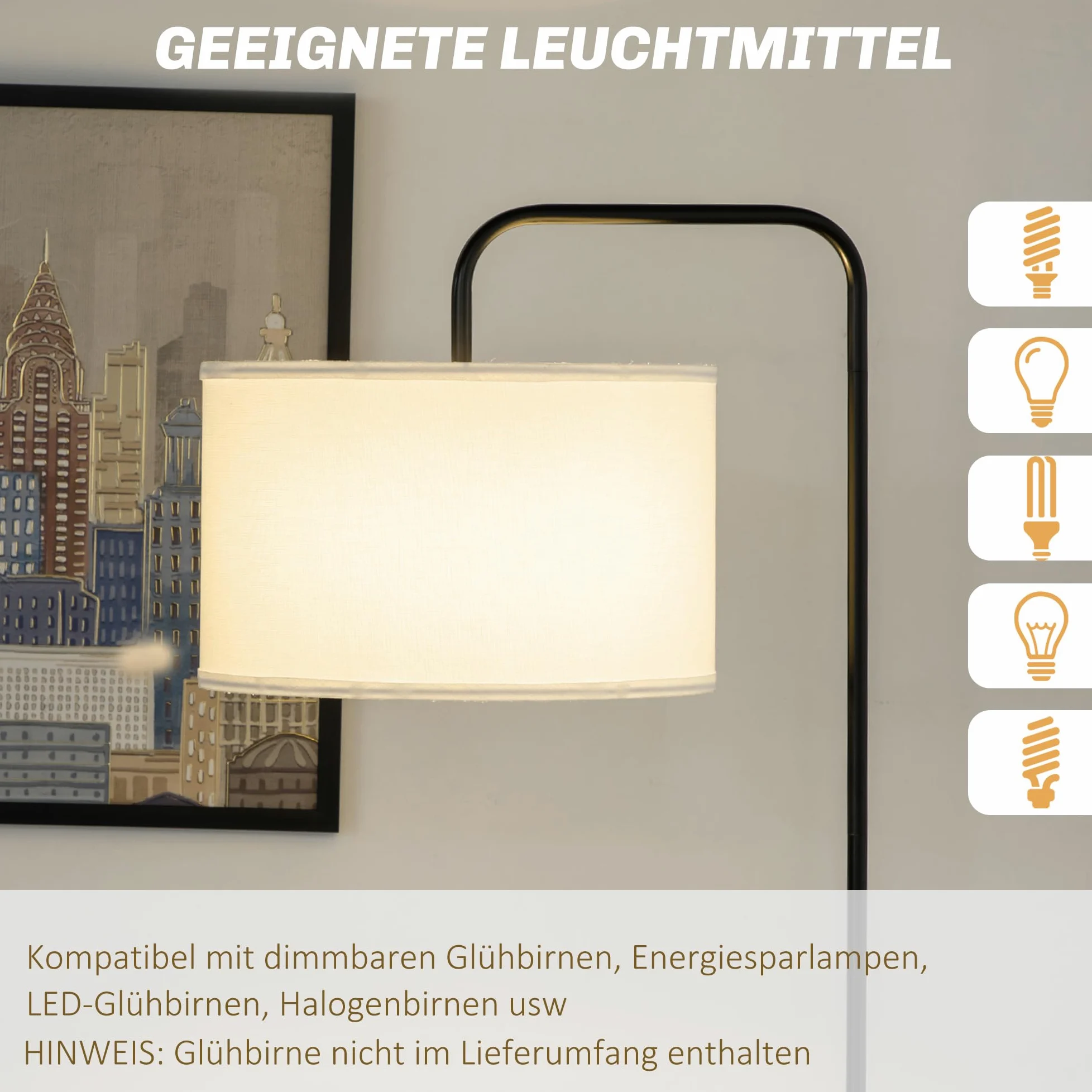 HOMCOM Lampada da Terra Arcuata con Interruttore a Pedale e Paralume in Tessuto Effetto Lino, Piantana Lampada da Terra in Acciaio, 64x38x163.5 cm, Bianca e Nera