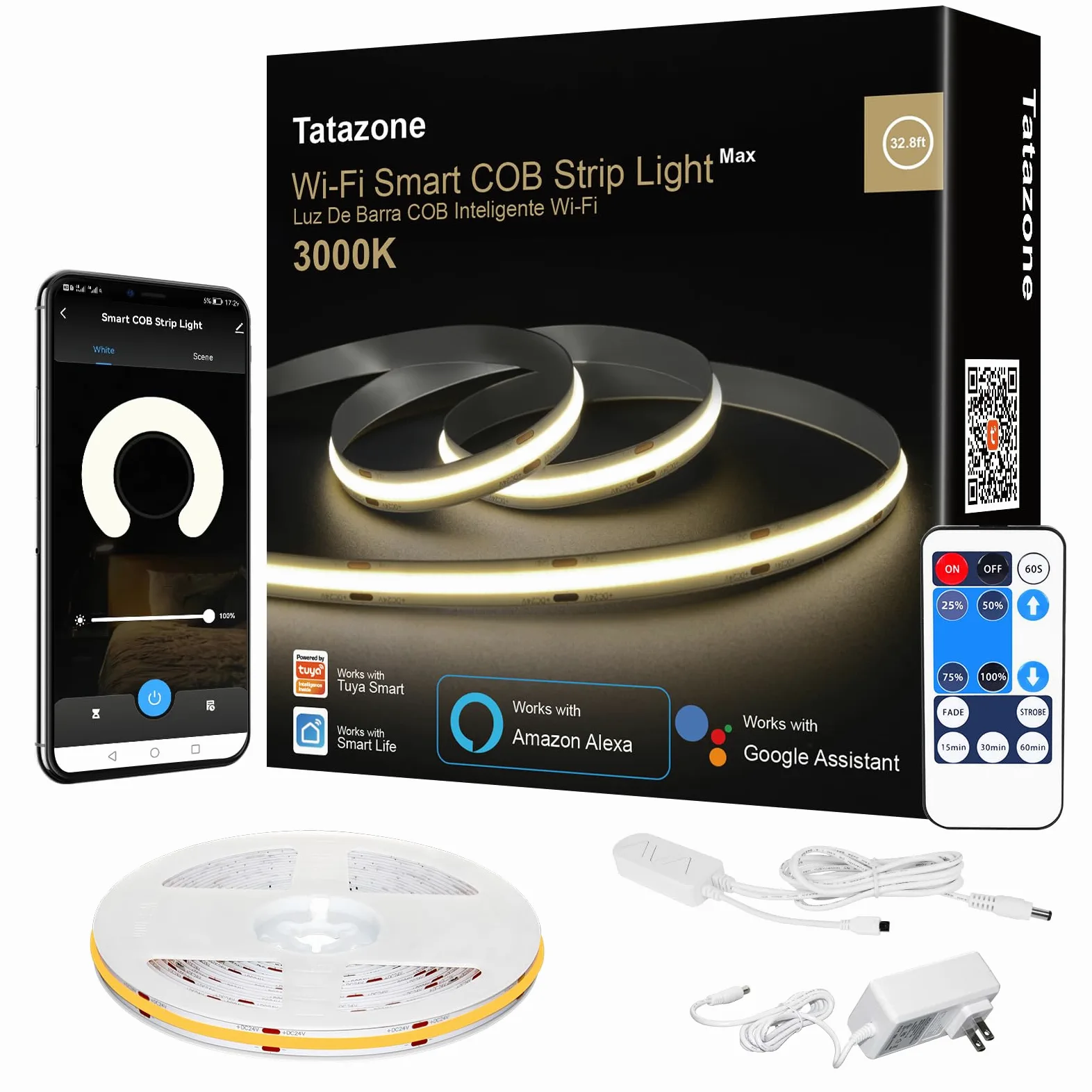 Tatazone Smart - Striscia LED COB bianca con telecomando, 3000 K, luce bianca calda, WiFi, compatibile con Alexa Google, luci LED dimmerabili per interni, per armadietti, stanze, 2 rotoli da 5 m