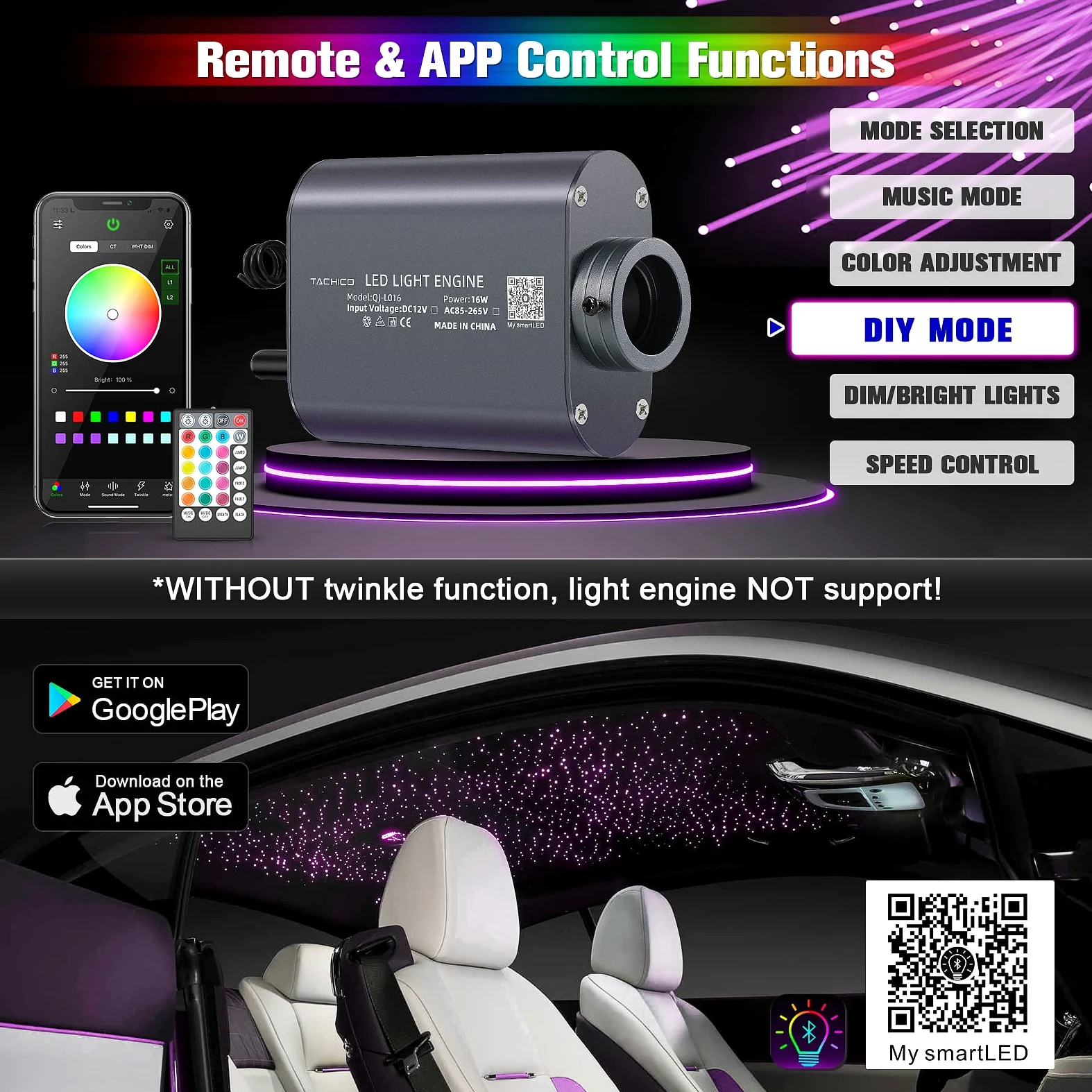 16W RGBW LED Fibra Ottica, 260pcs*0.75mm*2m Cielo Stellato LED Con APP Bluetooth/Remote/Controllo Musica Kit di Plafoniere Star, Fibra Ottica Cielo Stellato per Auto/Casa/Teatro