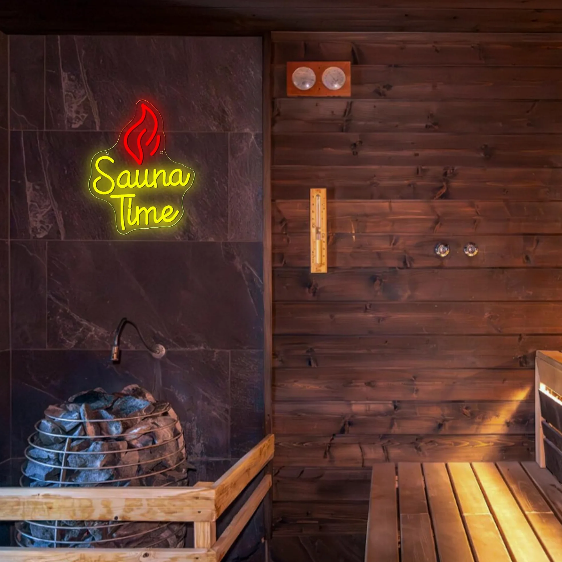 Insegna al neon con tempo sauna, luce al neon a LED per spa e benessere, dimmerabile, alimentata tramite USB, per palestra, benessere, sala relax, insegna per la cura di sé (32 x 26 cm)