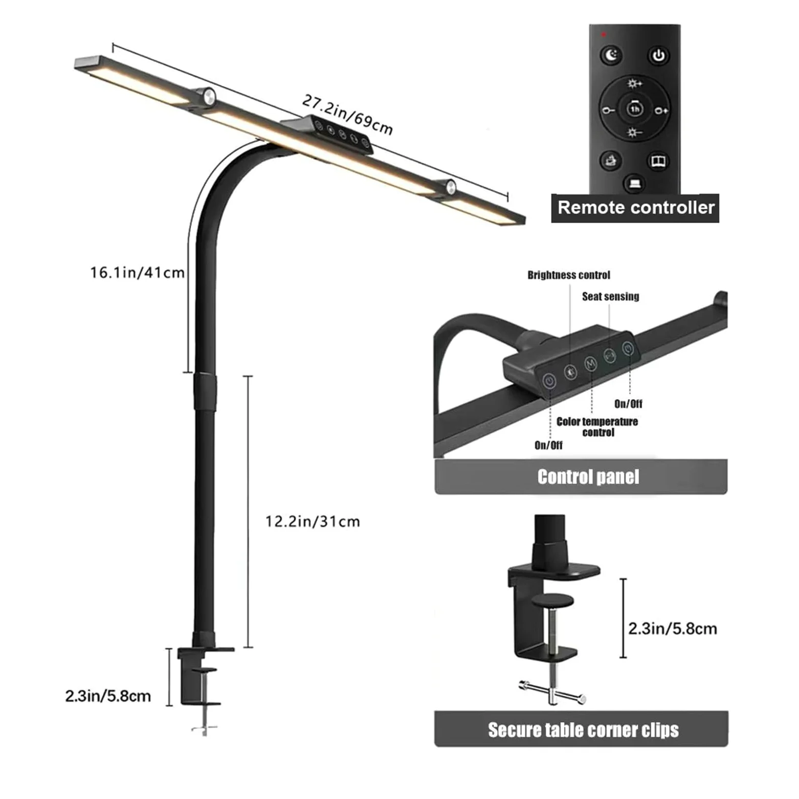 Lampada da scrivania a LED a braccio lungo con morsetto Lampade da tavolo a LED dimmerabili sensibili al tocco da 24 W for architetto da ufficio con Ctonroller remoto for lo studio