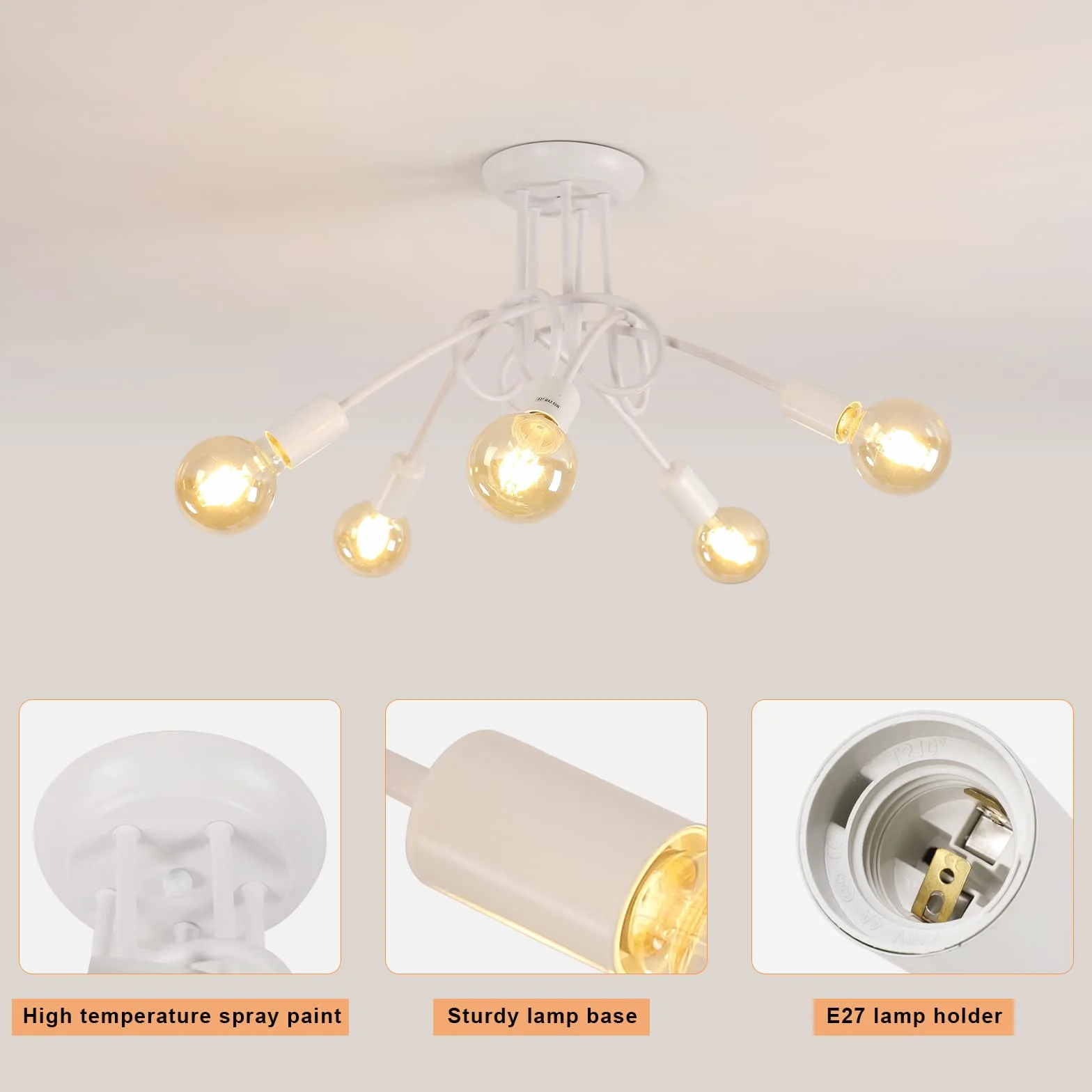 Riserva Lampadario Vintage, Plafoniera Soffitto Industriale E27, 5 Luci Lampada da Soffitto in Metallo per Soggiorno, Cucina, Camera da Letto, Ristorante, Cafe, Bianco (senza lampadine)