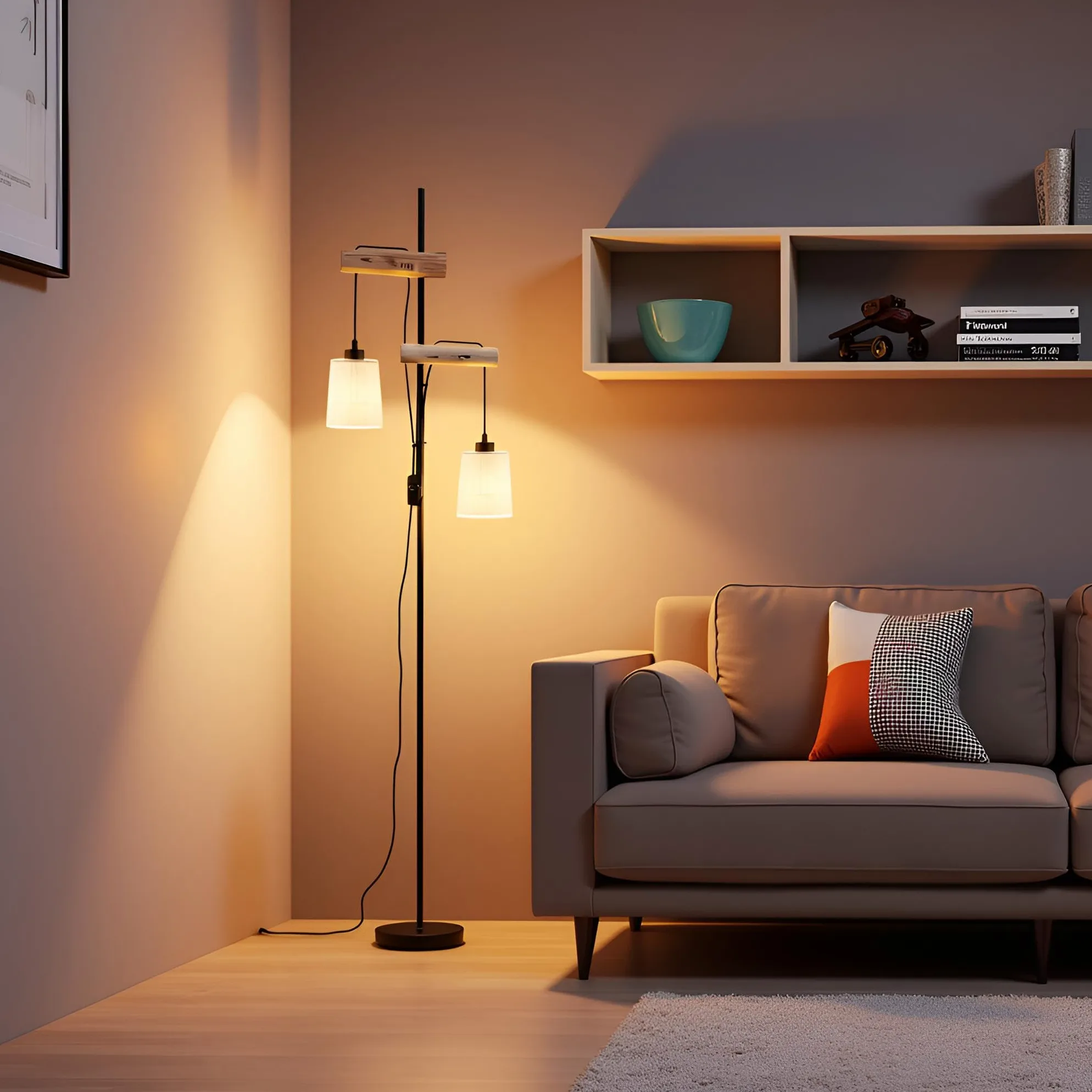 Lampada da Terra Moderna con Supporto in Legno Naturale, 2 Paralumi in Tessuto, Design Rustico per Soggiorno e Camera da Letto