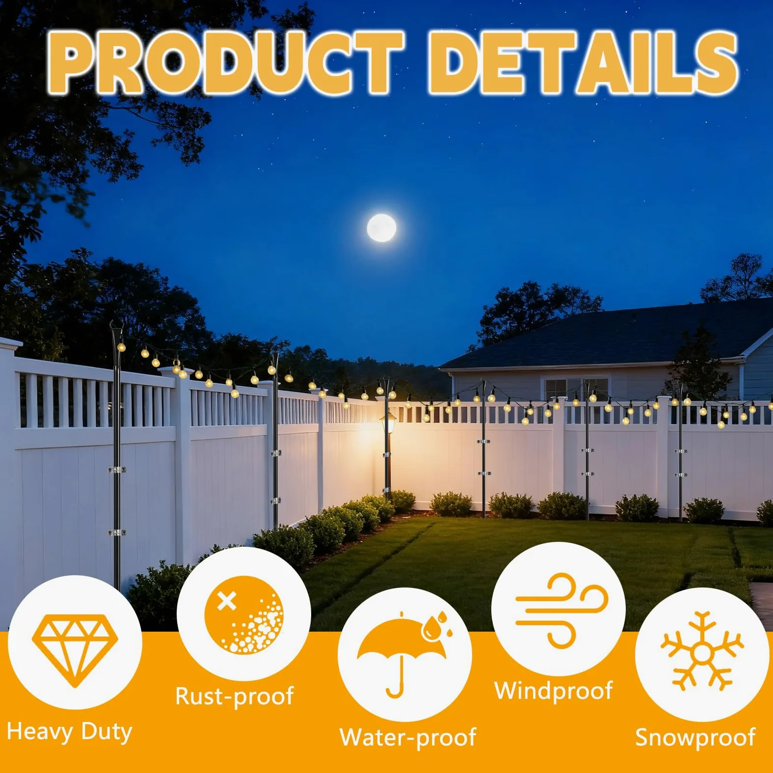 Confezione da 2 pali luminosi da 2,8 m, per esterni, con forcella, supporto in metallo per patio, cortile, terrazza