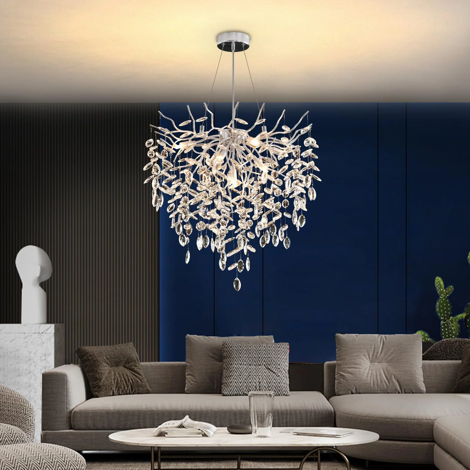 Lusso Lampadario di Cristallo, Argento Lampada a Sospensione di Cristallo a Forma di Ramo d'albero, Lampadario al Cristallo Luce per Sala da Pranzo, Soggiorno, Camera da Letto