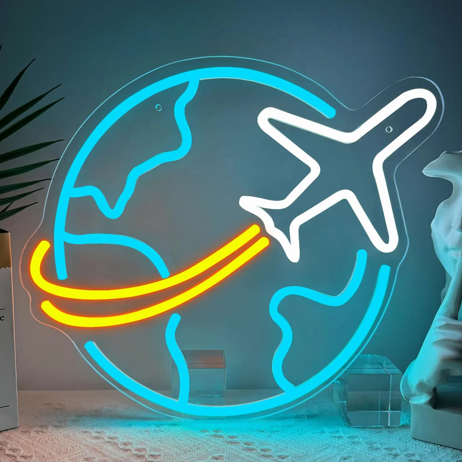 Segno al Neon Terra Aeroplano Mondo LED per Decorazione a Parete Luci al Neon Blu Ghiaccio USB Regolabili per Camera da Letto Camera Adolescente Uomo Grotta Chiesa Festa di Natale Decorazione Natale