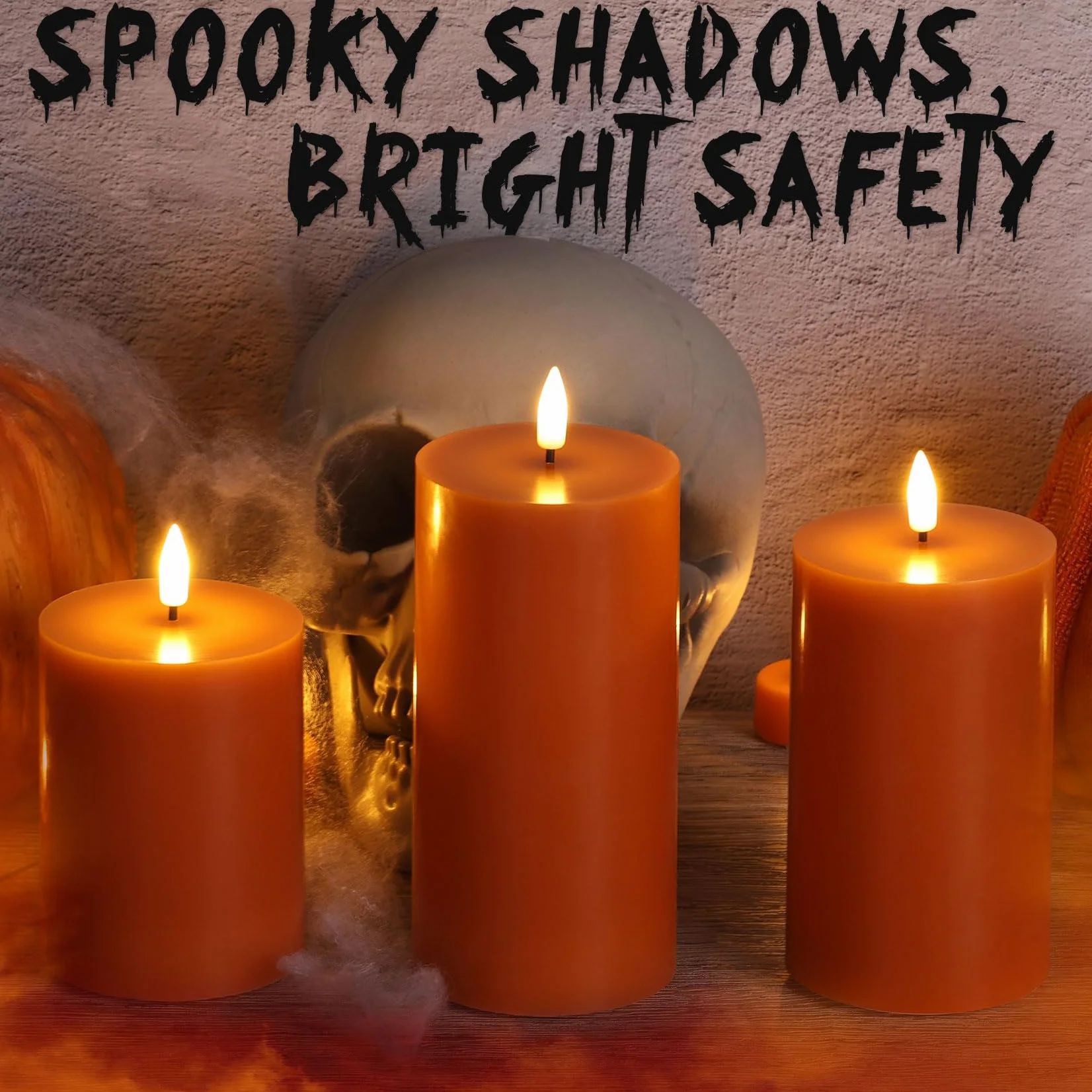 Candele a pilastro senza fiamma, in vera cera tremolante, funzionamento a batteria, set da 3 pezzi, colore: arancione bruciato