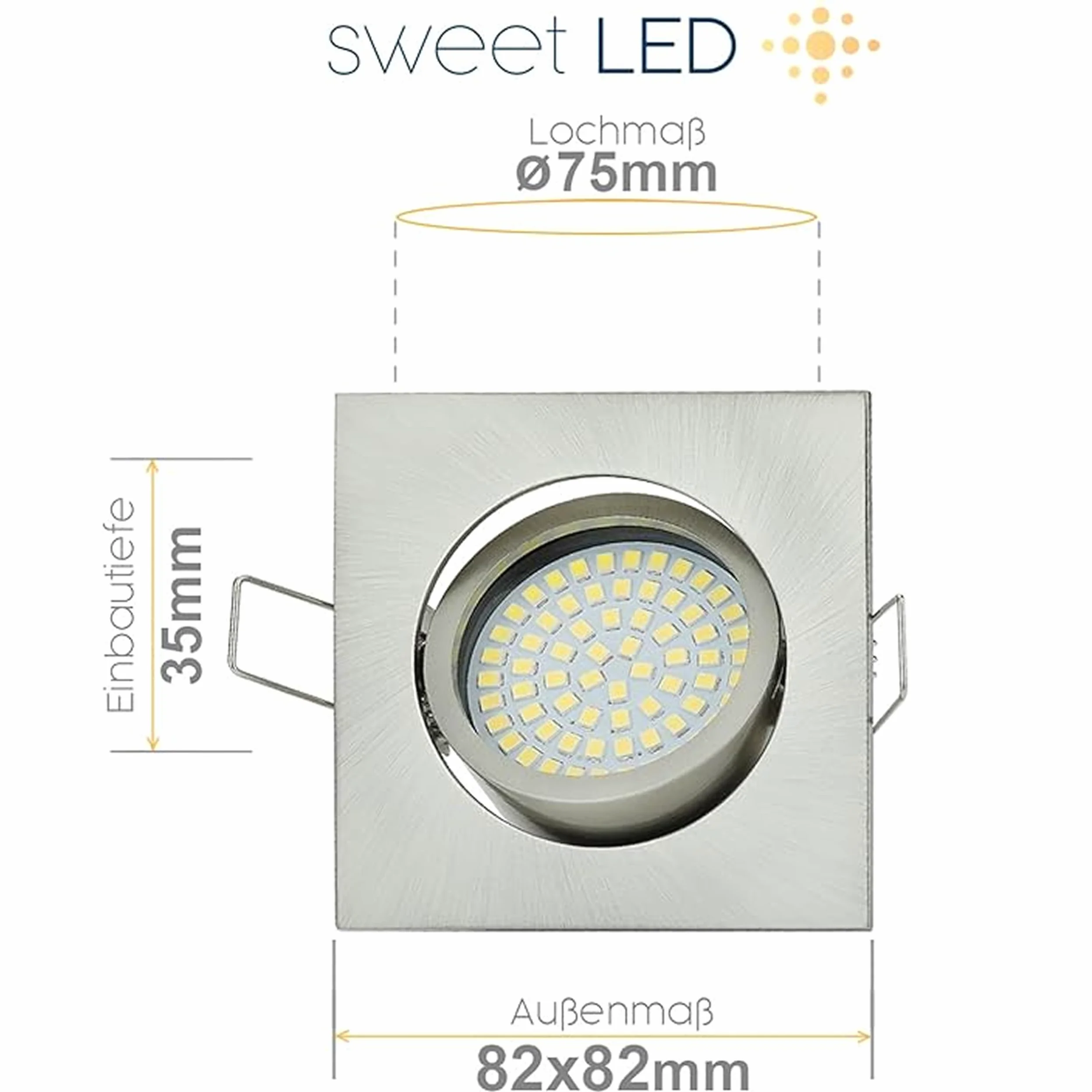 Sweet-led®, set di 6 faretti LED regolabili da incasso, 230 V, 5 W, orientabili, rotondi, cromo spazzolato, 400 lumen, 3000 K, a luce bianca calda moderno Eckig, Chrom Gebürstet, Kaltweiß