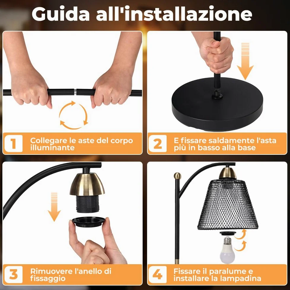 OUSFOT Lampada da Terra E27 Portalampada 230V, Industriale Piantana 40W, Nero e Oro, Adatto per Uffici, Soggiorni e Camere da Letto (Senza lampadina)