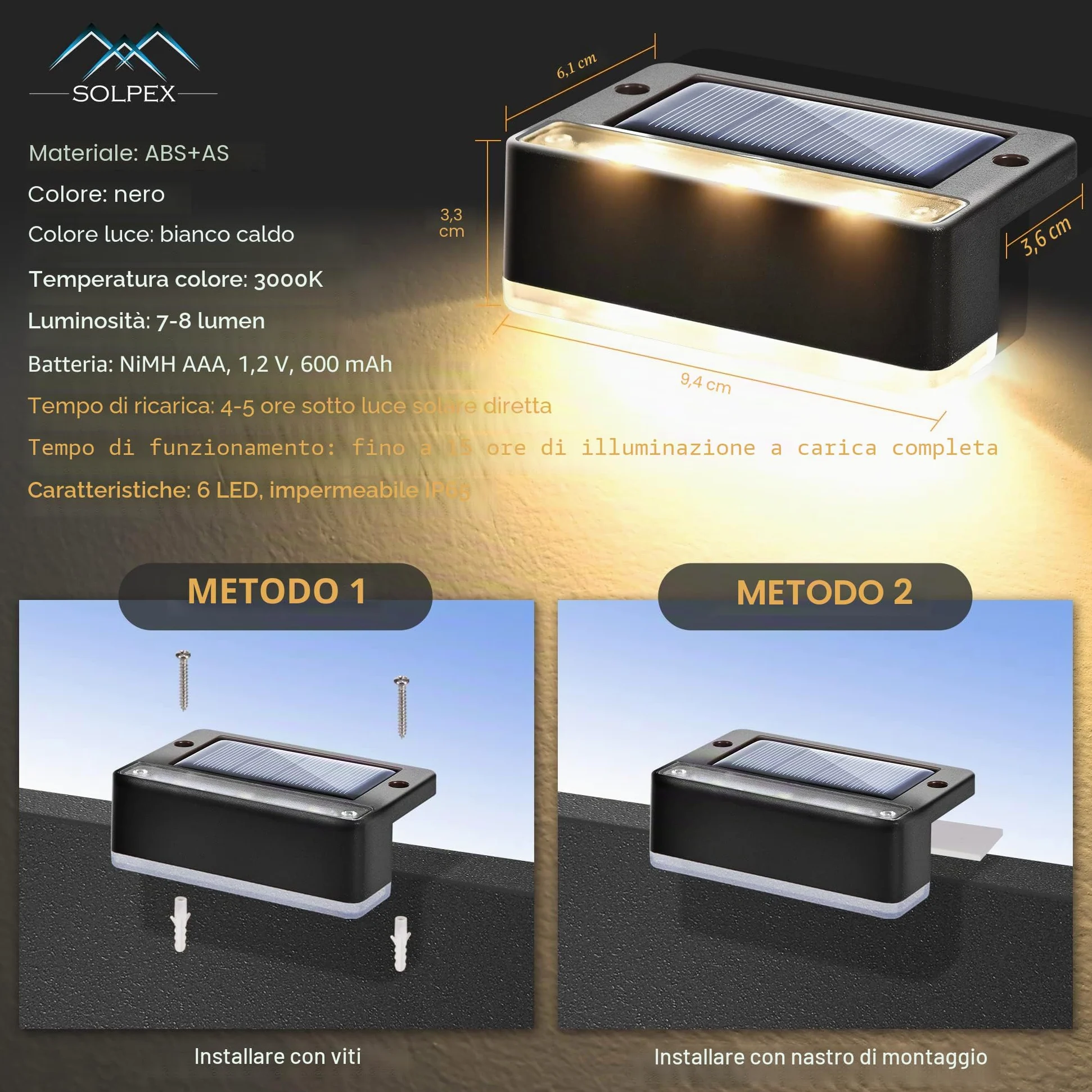 Solpex Lampade solari per esterni, 12 pezzi, luce bianca calda, luci solari impermeabili, illuminazione a LED per scale esterne, decorazione
