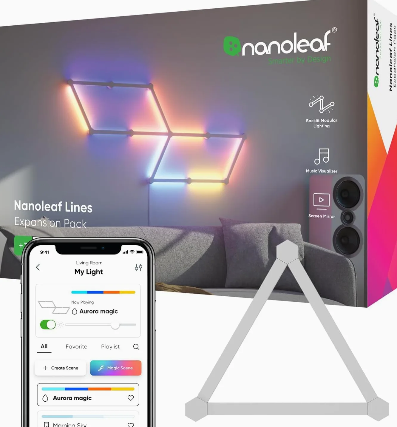 Nanoleaf Lines 60 Degrees Expansion Pack, 3 Barre LED Aggiuntivi RGBW Smart Modulari - Applique da Parete Interno Modulari, Luci Led 16M Colori WiFi, Funziona con Alexa, Sincronia Musica e Monitor