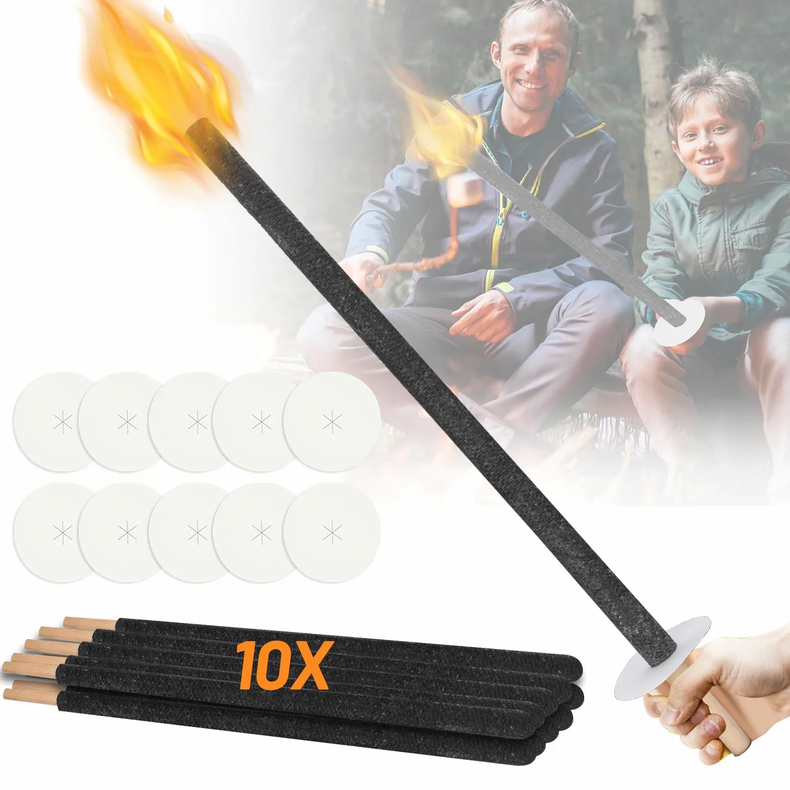 10 torce a cera tempo di combustione 100 min, fiaccole da giardino con protezione per le mani, torcia con manico extra lungo, per un'escursione con bambini, falò, per esterni