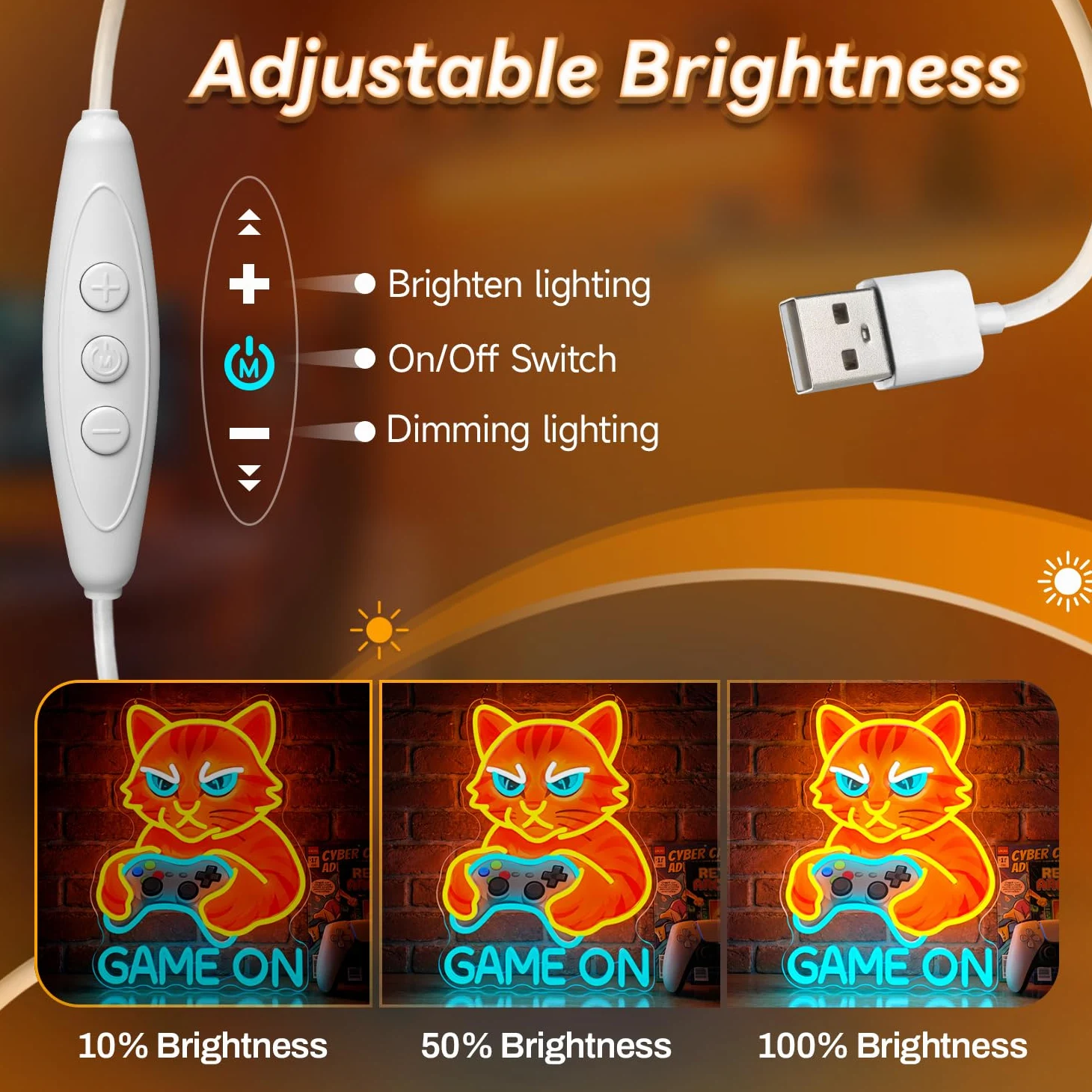 Insegne luminose del gatto, GAME ON Insegna al neon, Gatto con controller Insegne al neon a LED per sala giochi, Lampada da parete al neon USB per giocatori, regalo di gioco per giocatori