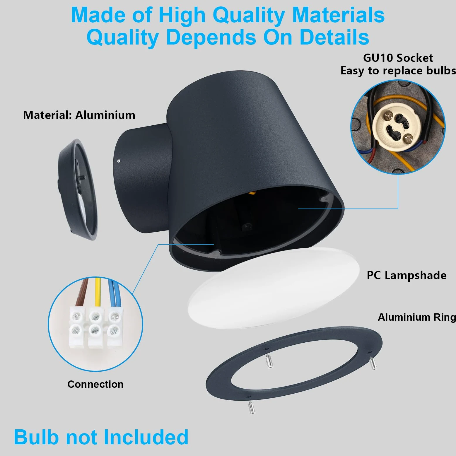 Klighten 2 Pezzi Lampada da Parete GU10 Esterni/Interni, Moderna Applique da Esterno, IP65 Luci da parete in Alluminio+PC, per Giardino Balcone Ingressi, Lampadina non Inclusa, Antracite