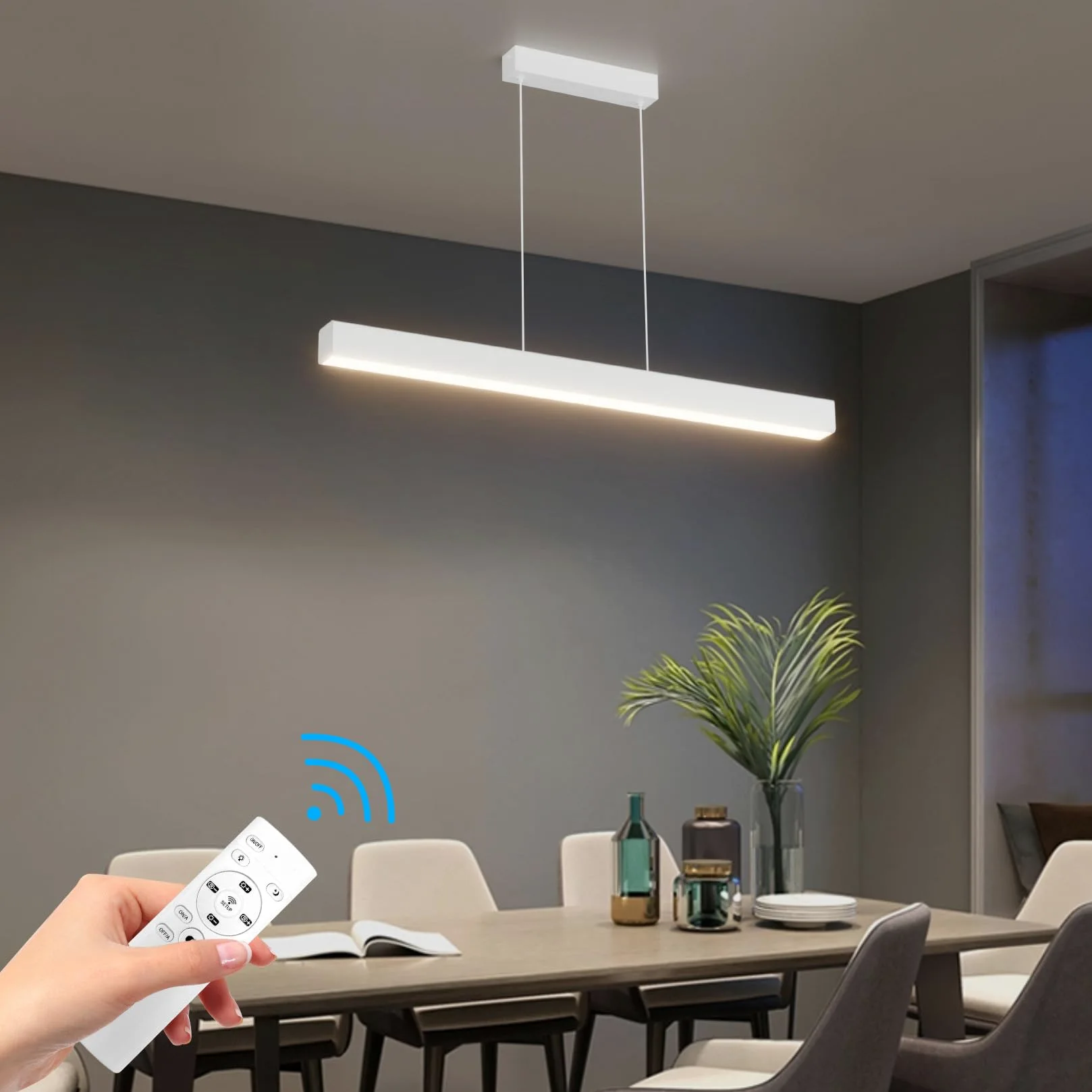 Klighten Led Lampada a Sospensione Da Tavolo Da Pranzo 80cm/24W, Dimmerabile 3000K-6000K Moderna Luce a sospensione Con Telecomando, 150cm Moderna Lineare Regolabile,per Cucina Soggiorno, Bianco
