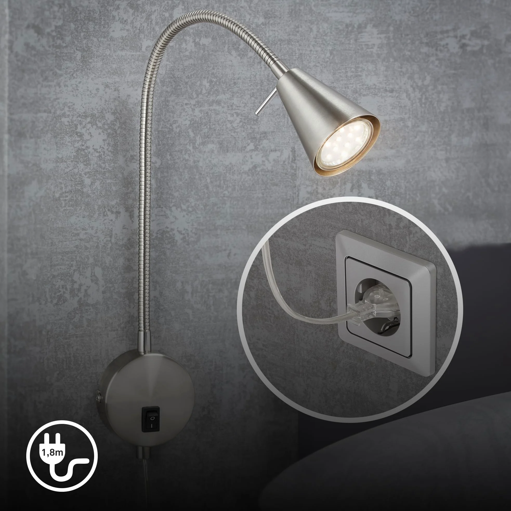 Briloner Leuchten - Lampada da letto a LED,braccio flessibile, incluso interruttore on/off, 4 watt,400 lumen,3.000 Kelvin, metallo,4 W, nichel opaco,450x205 mm (HxA), base: 80 mm (D), testa: 58 mm (D)