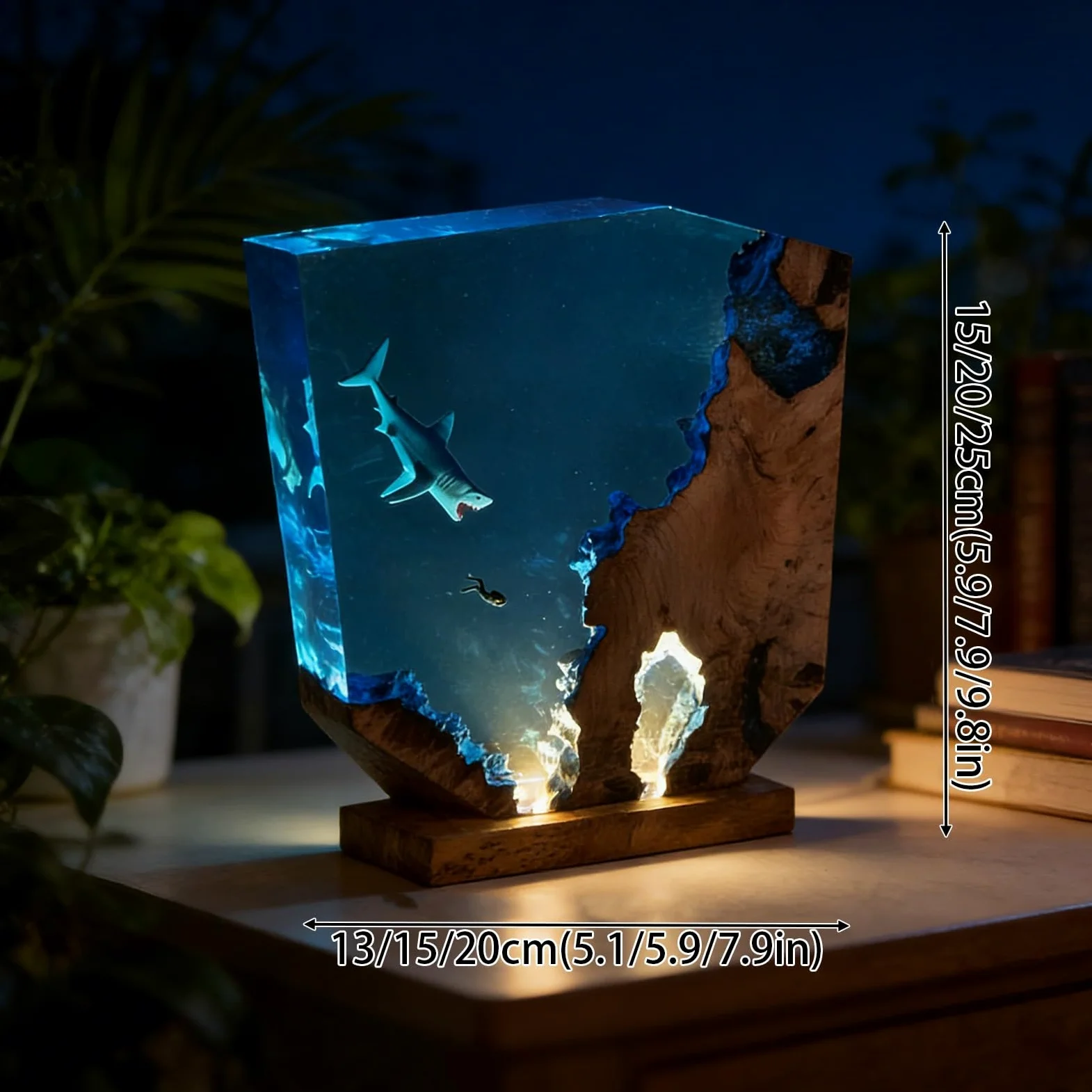 Lampada Resina Epossidica, Luce Notturna con Design Oceano 3D | Lampada LED artigianale in resina e legno per scrivania, comodino, camera e arredamento casa(15*13cm/5.9*5.1in)