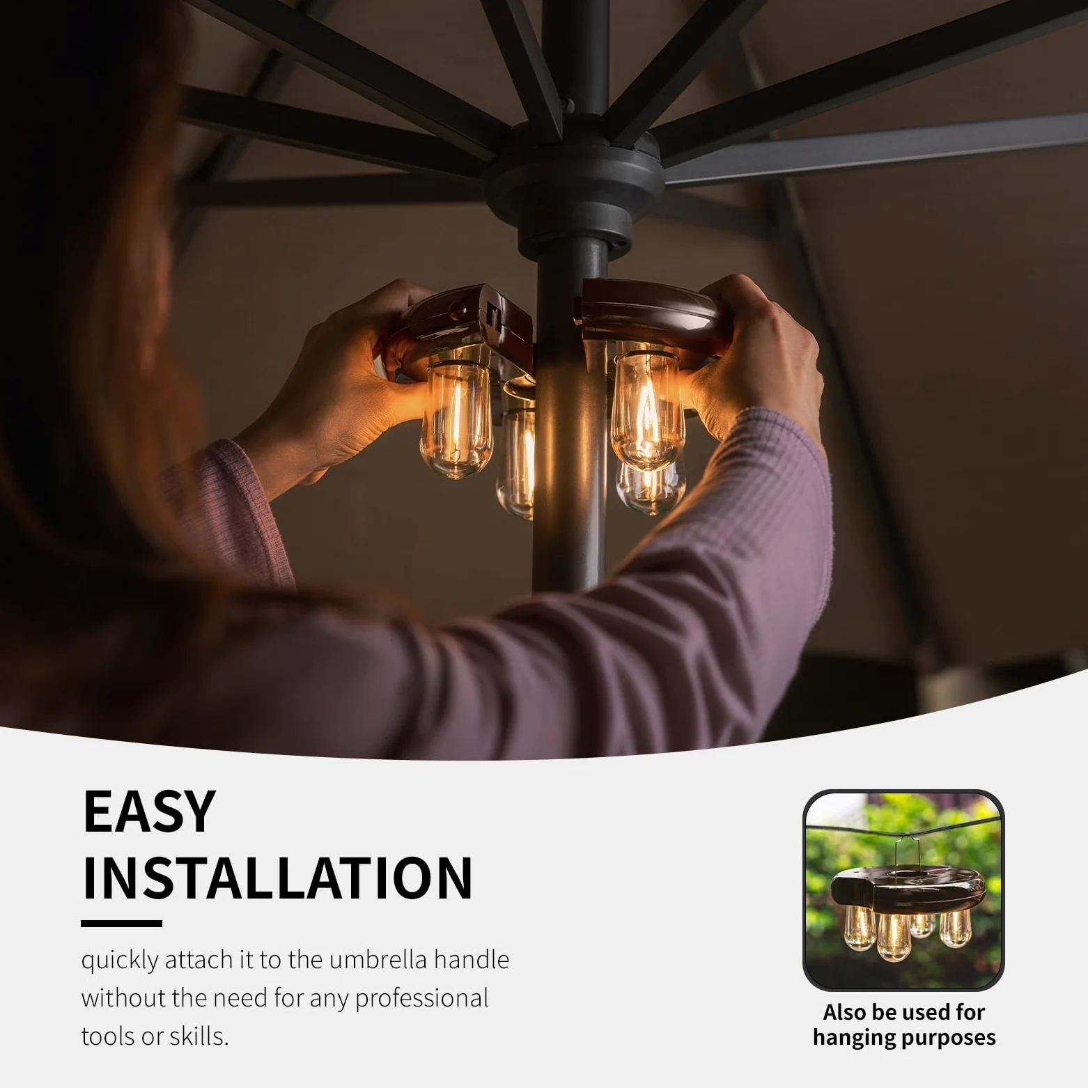 Luce per ombrellone da patio con lampadine LED Edison, funzionamento a batteria, senza fili, con 2 modalità di illuminazione per giardino, patio, cortile, campeggio o barbecue, marrone