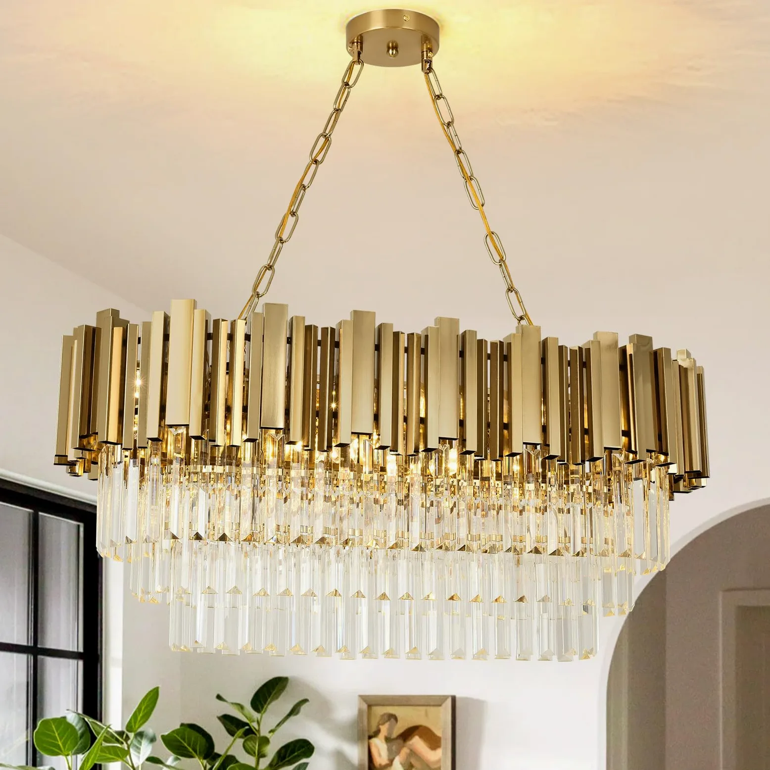 Lampadario moderno in cristallo oro, illuminazione a sospensione ovale in cristallo per soggiorno, sala da pranzo, camera da letto, ristorante, E14 x 8, 80 x 35cm