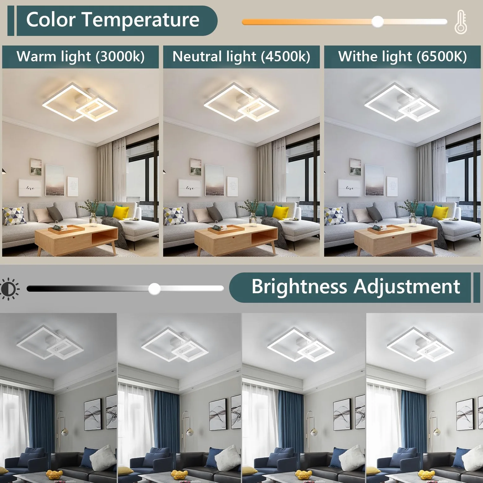 Plafoniera LED Soffitto Dimmerabile, 36W 4050LM Lampadario LED Soffitto con Telecomando 3000K-6500K, Moderna Plafoniera Quadrata per Camera da Letto Soggiorno Cucina Corridoio, Bianco, 52*42*12CM