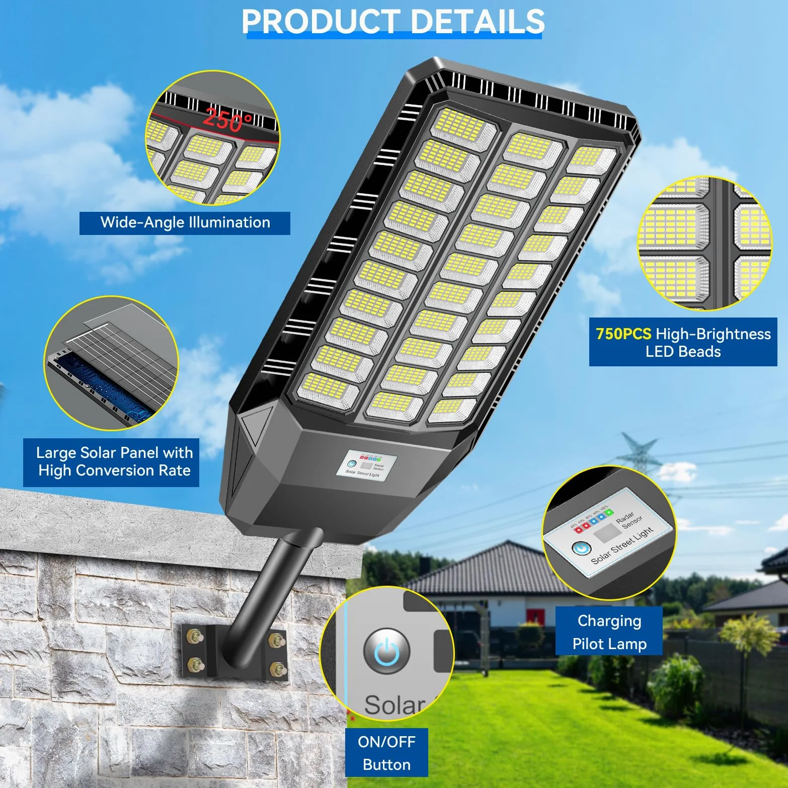 Adewalk 2200W Lampione Solare Led Esterno con Telecomando, IP66 Impermeabile Lampada Stradale Solare con Sensore di Movimento, 6500K Super Bright Lampioni da Giardino Esterno Solari per Garage Strada