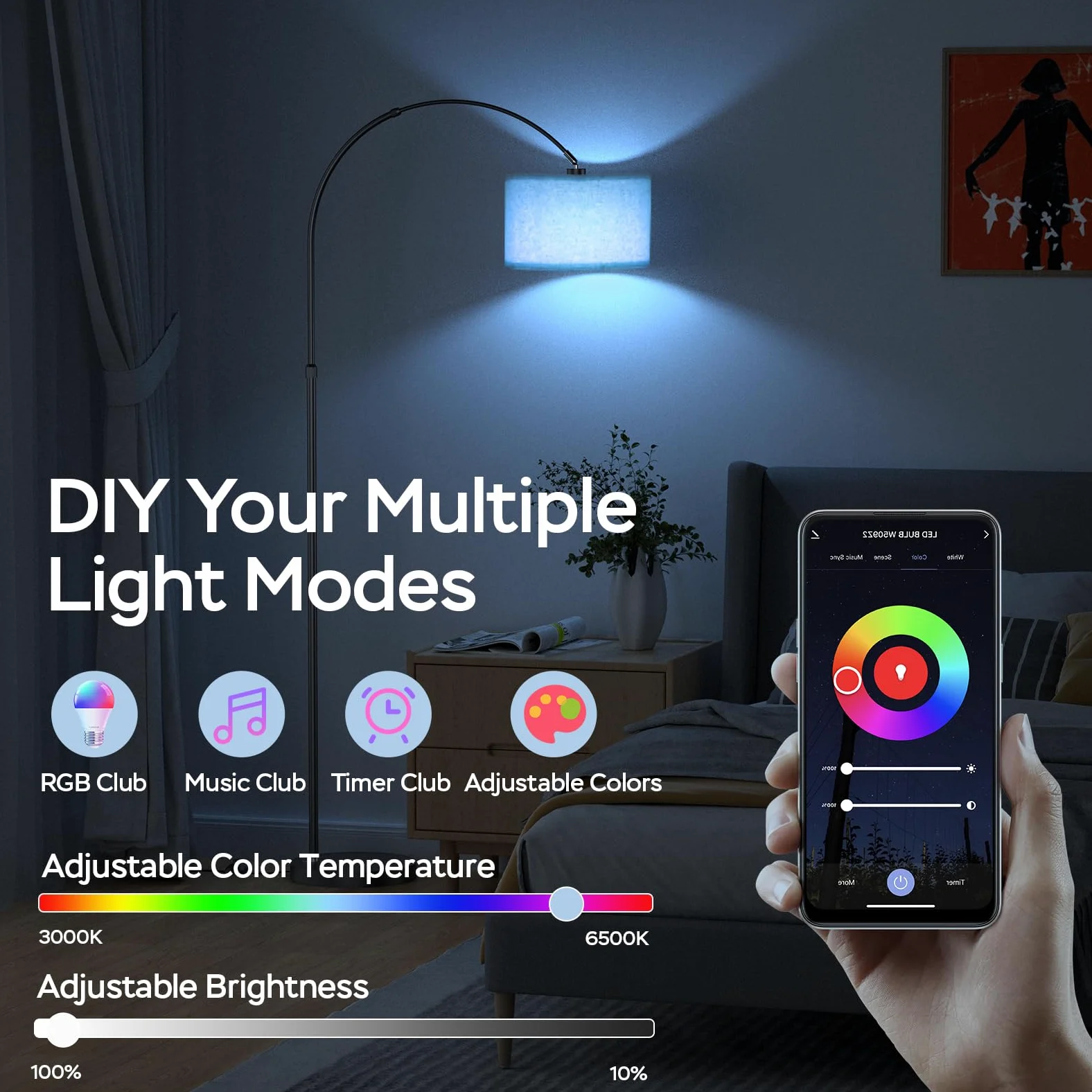 Modlicht Lampada da terra intelligente, funziona con Alexa e Google Home, lampada da terra RGB dimmerabile, per feste o atmosfera festiva, lampada ad arco WiFi E27 9W per soggiorno, camera da letto