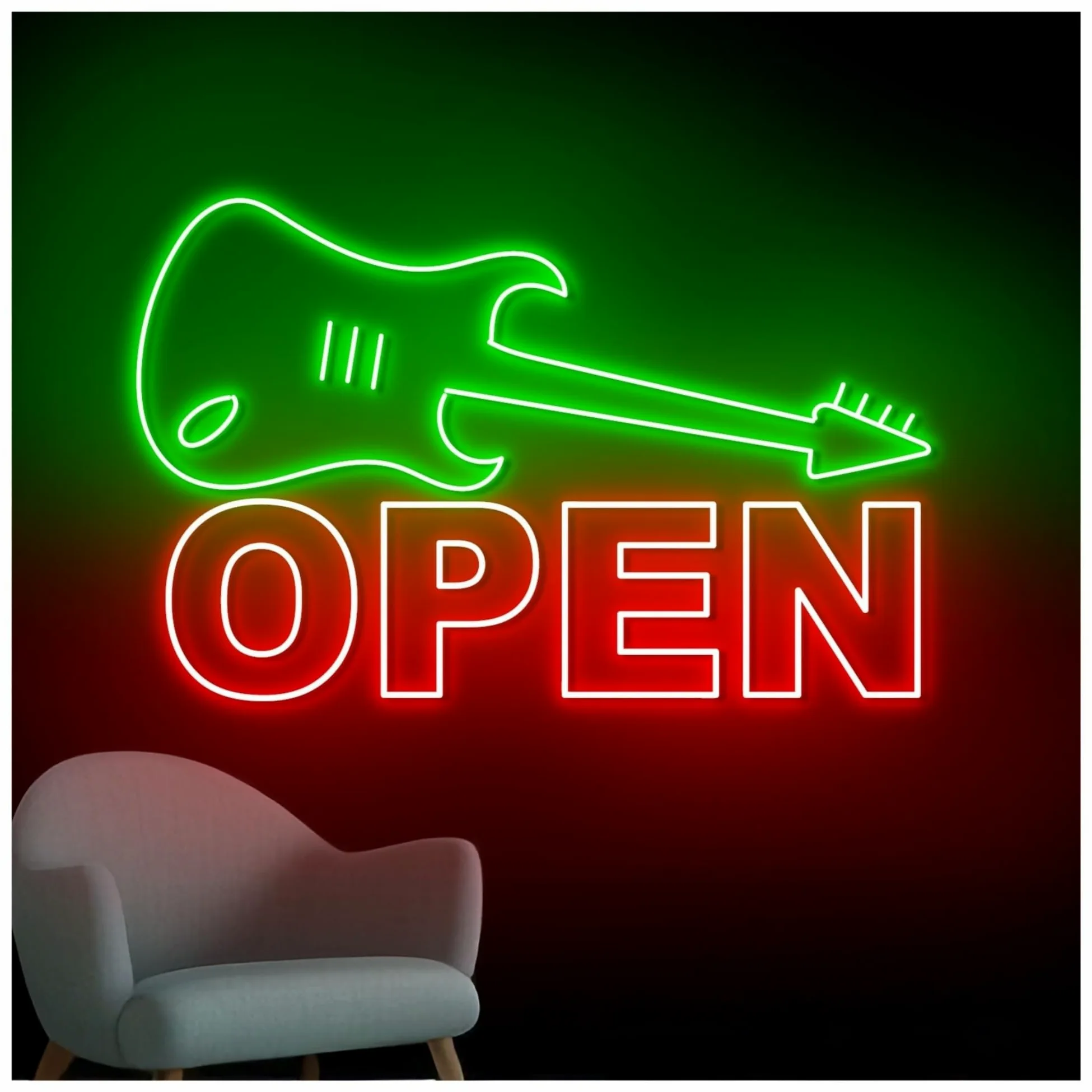Insegna al Neon Insegna Al Neon Aperta Con Chitarra, Luce A LED, Strumento Musicale, Sala Musica, Negozio, Decorazione, Vetrina,ingresso Aziendale 60cm