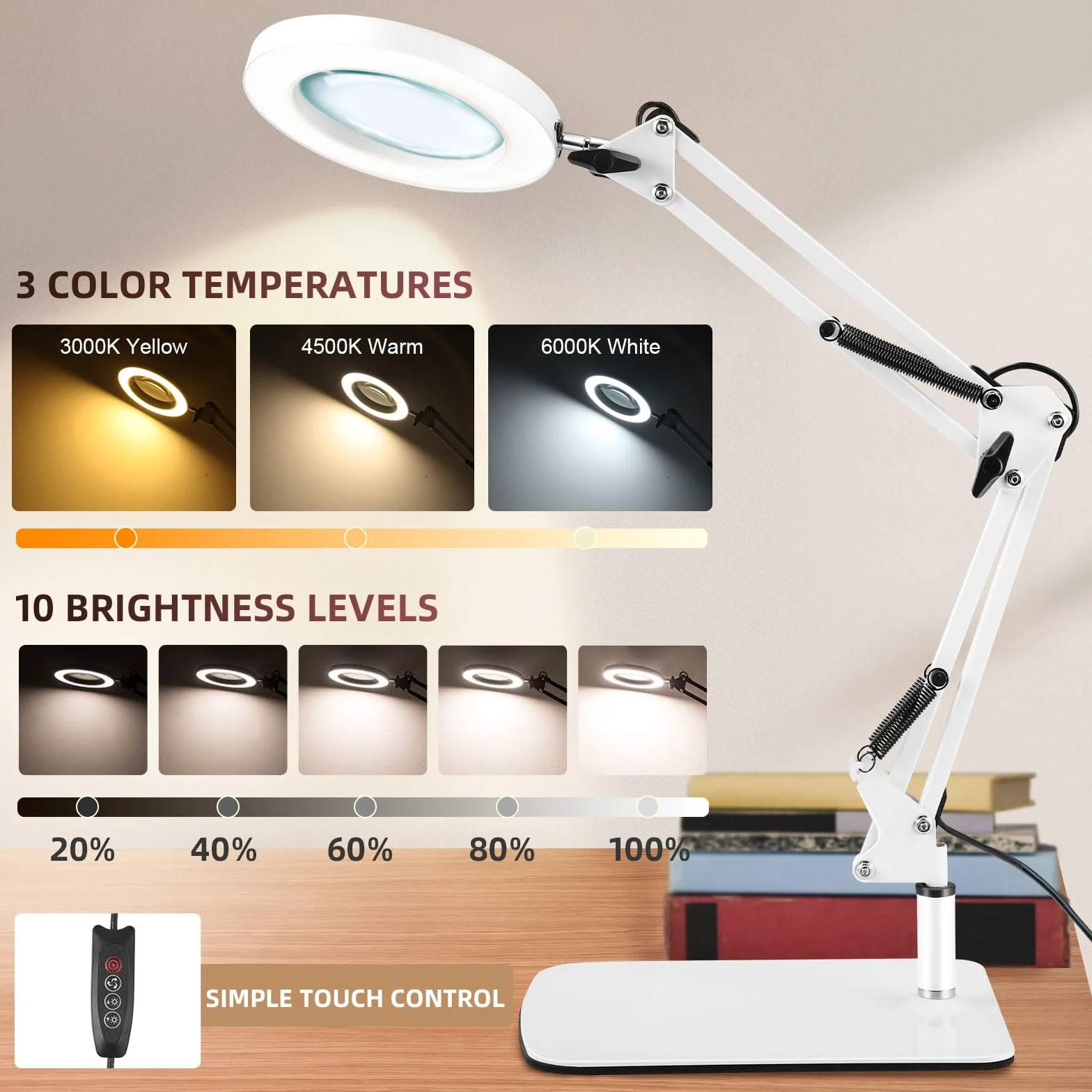 Towwoo Lampada con Lente d'Ingrandimento, 10X Lente d'ingrandimento da Tavolo con Luce e Supporto, 72 LED Dimmerabili, 3 Colore e 10 Livelli di Luminosità, per Lettura, Riparazione, Artigianato