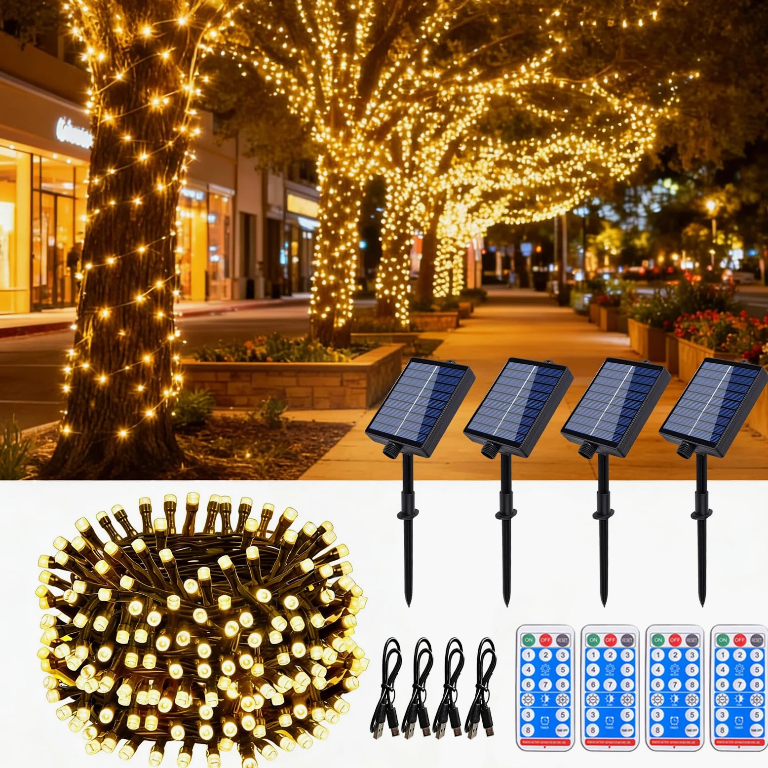 Catena di luci solari per esterni, 30 m, luce bianca calda, per esterni, a energia solare con telecomando e timer, 8 modalità, catena luminosa per albero di Natale, impermeabile, per giardino