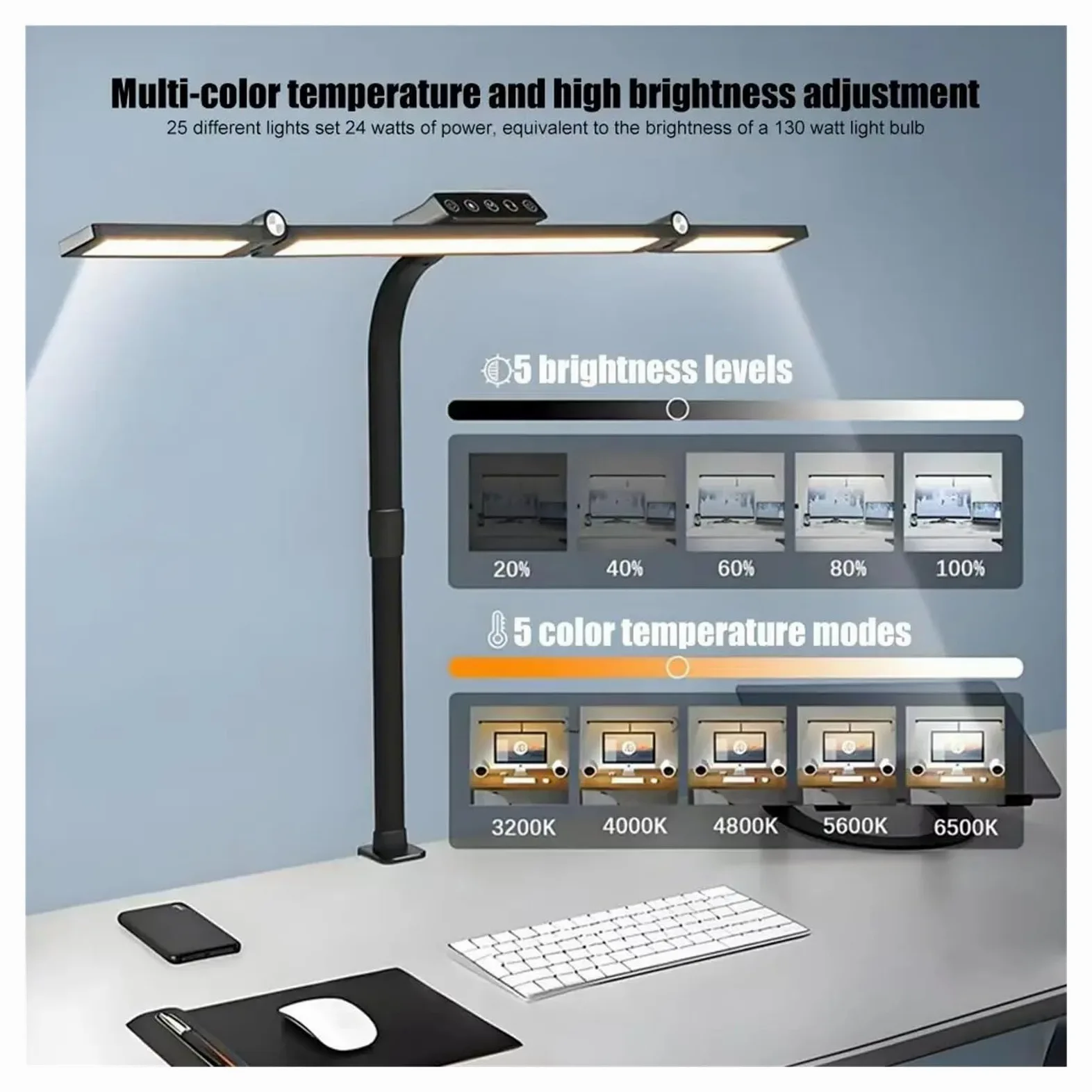 Lampada da scrivania a LED a braccio lungo con morsetto Lampade da tavolo a LED dimmerabili sensibili al tocco da 24 W for architetto da ufficio con Ctonroller remoto for lo studio