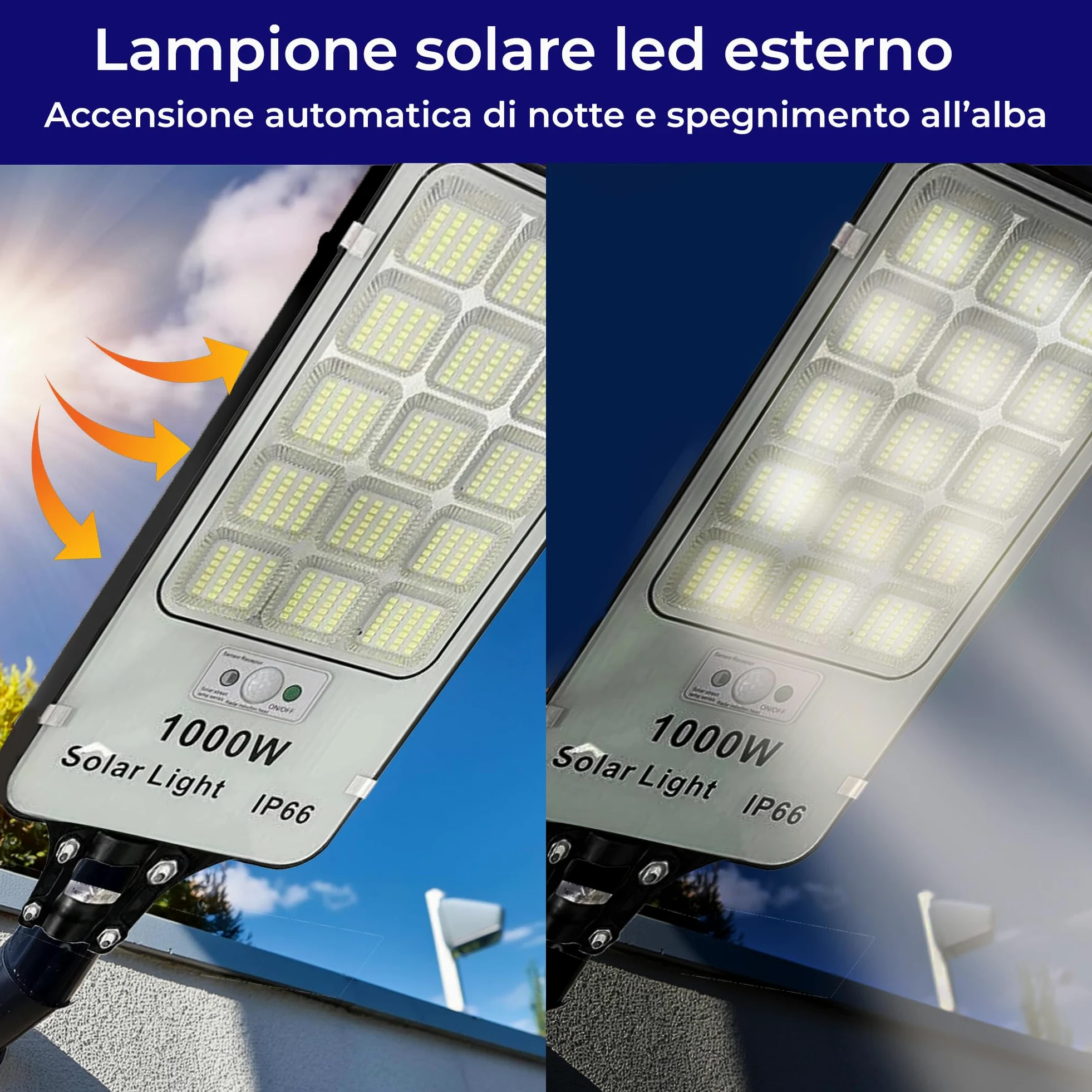 Lampione Solare LED Esterno 1000W con Sensore Crepuscolare e di Movimento, 420 LED 6500K, Telecomando Incluso, Impermeabile IP66, Luce Ultra Luminosa per Giardino, Cortile, Parcheggio