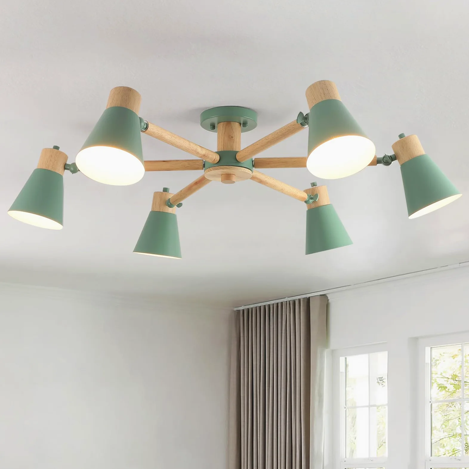 Verde Lampadario Camera Da Letto 6 Luci,Legno E Ferro Lampadario Soggiorno A Bracci Luminosi Regolabili lampadari E27 Ø82Cm Moderno Lampadario Cucina Per Letto Casa Camera Salotto