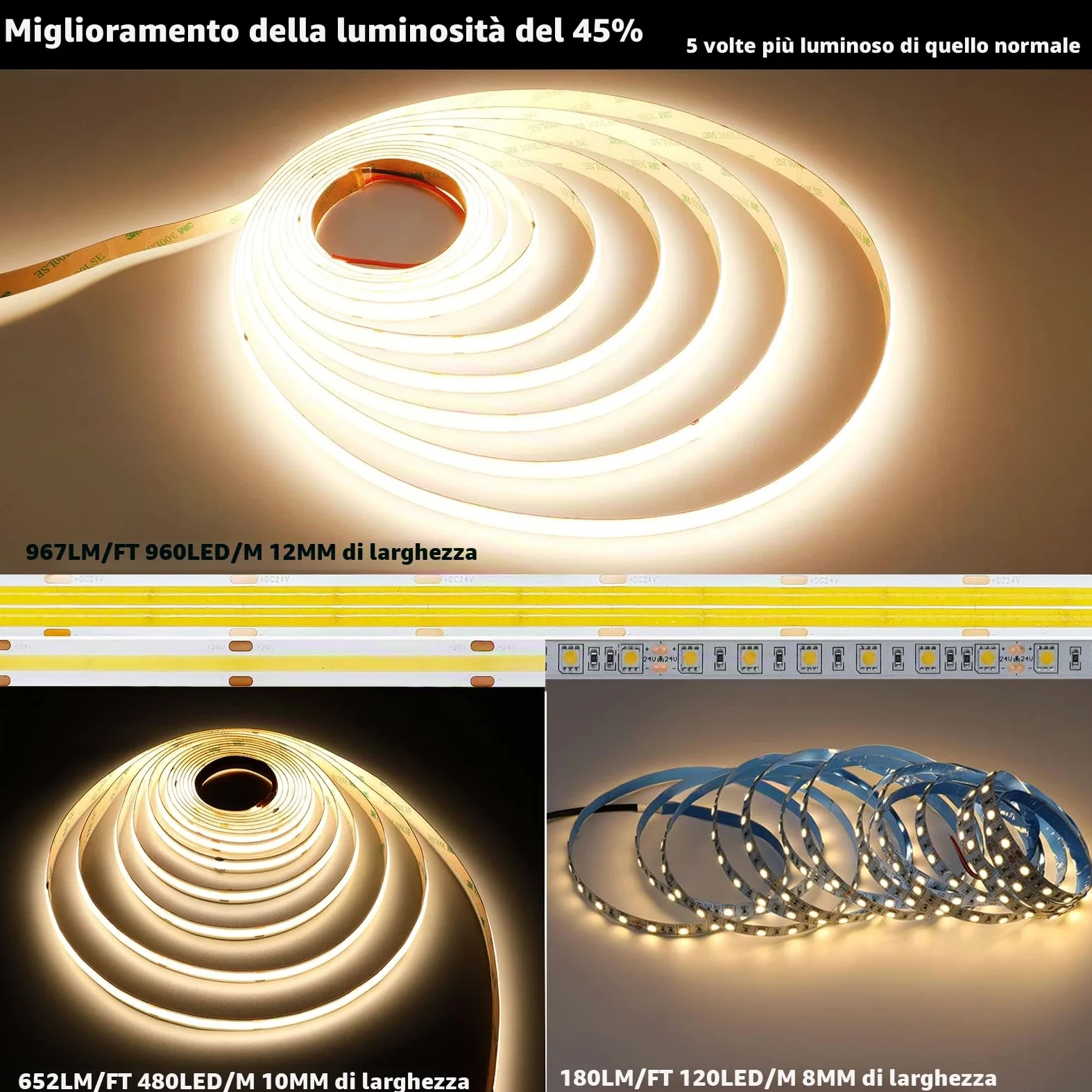 JOYLIT PRO+ Striscia LED COB 24V 5M Doppia Fila 3000K Interno, CE UL 3100LM/M Alta Luminosità 25W/M CRI 95+ Illuminazione Nastri Luce, 960LEDs/M 12MM Bianco Caldo Continuous Strip LED (Solo Luci)