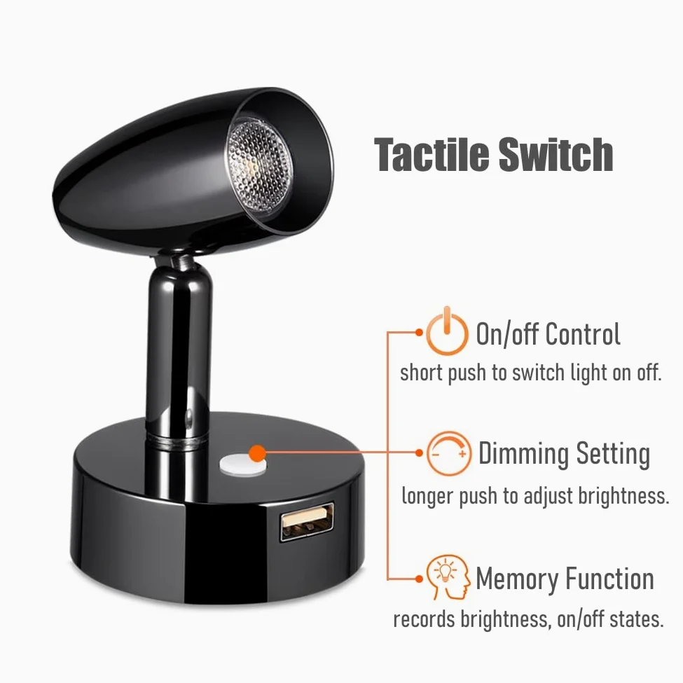 2 x Lampade da Lettura LED 12V Dimmerabile Girevole Spot Camper Barca Lampada da Parete da Comodino, Per Caravan Furgone Van, 12-24V DC con Caricatore USB & Luce notturna blu, Nero lucido