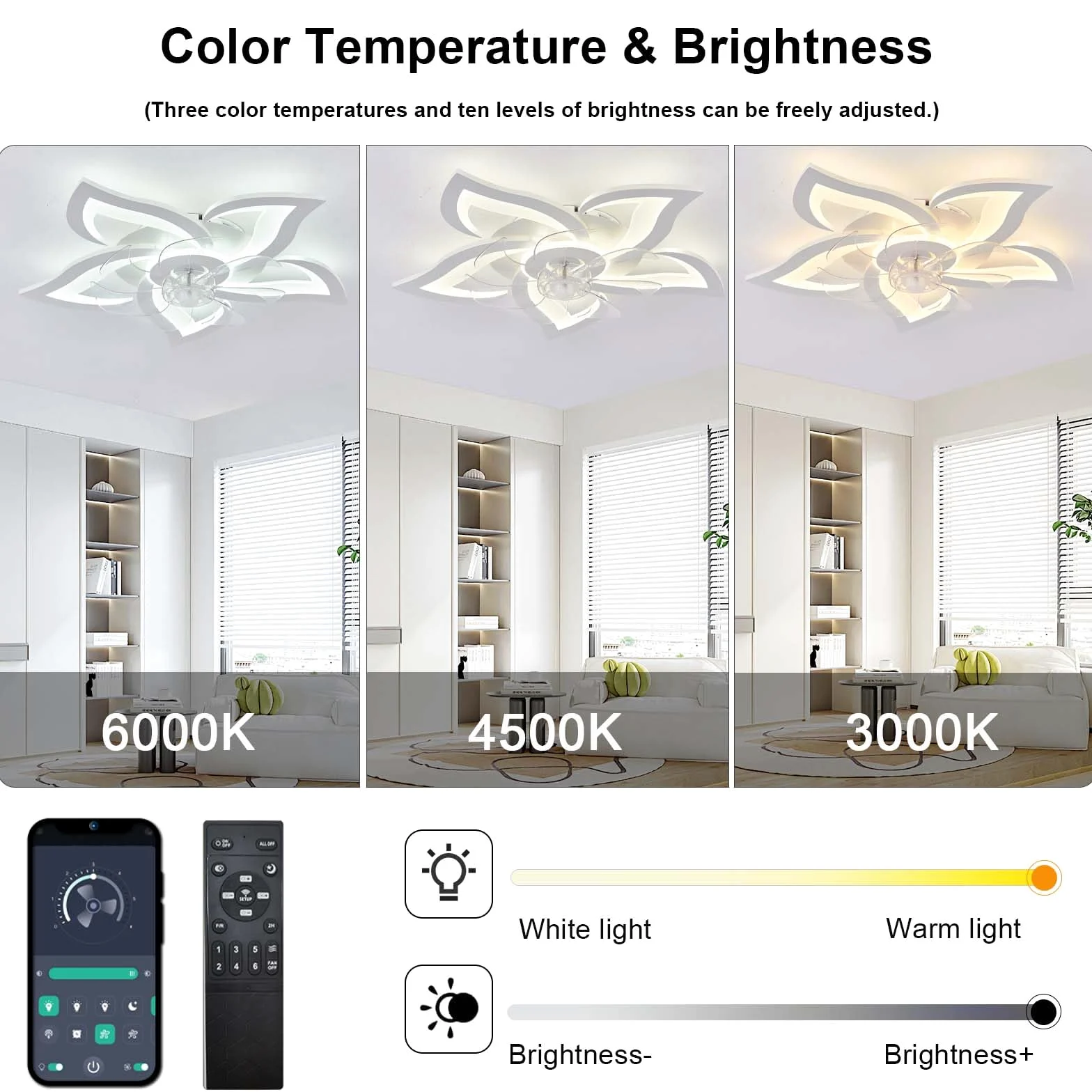 Lampadario Con Ventilatore Da Soffitto Design Silenzioso Moderno Dimmerabile DC Reversibile 6 Velocità Ventilatore Da Soffitto Con Luce E Telecomando Telecomando Per Camera Da Letto Salotto-White