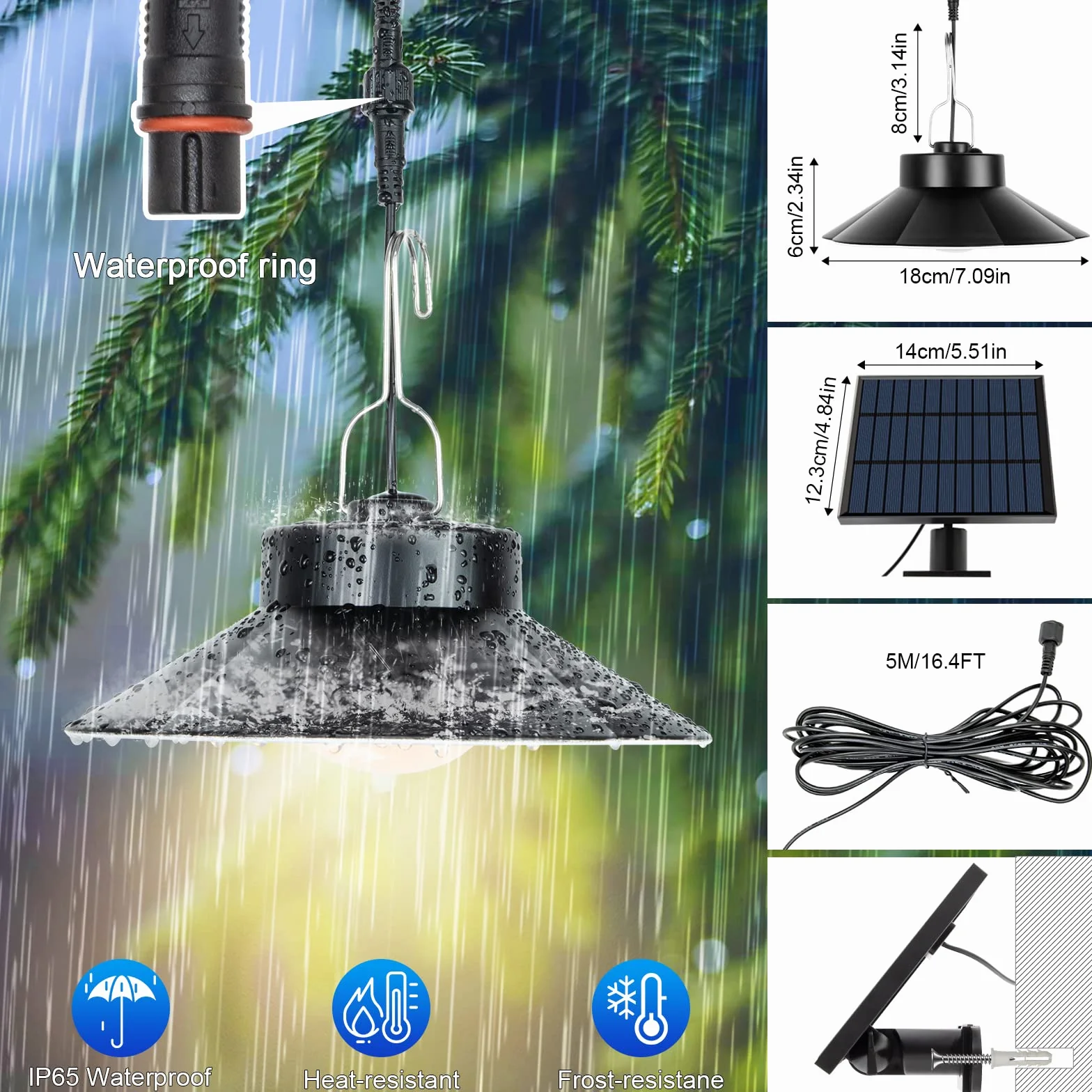 AGOTD Lampada Solare da Esterno, Lampada a Sospensione Solare con Telecomando, 3 Colore, Cavo 5M, 6Luminosità, IP65 Impermeabile, Illuminazione per Giardino Balcone Vialetto