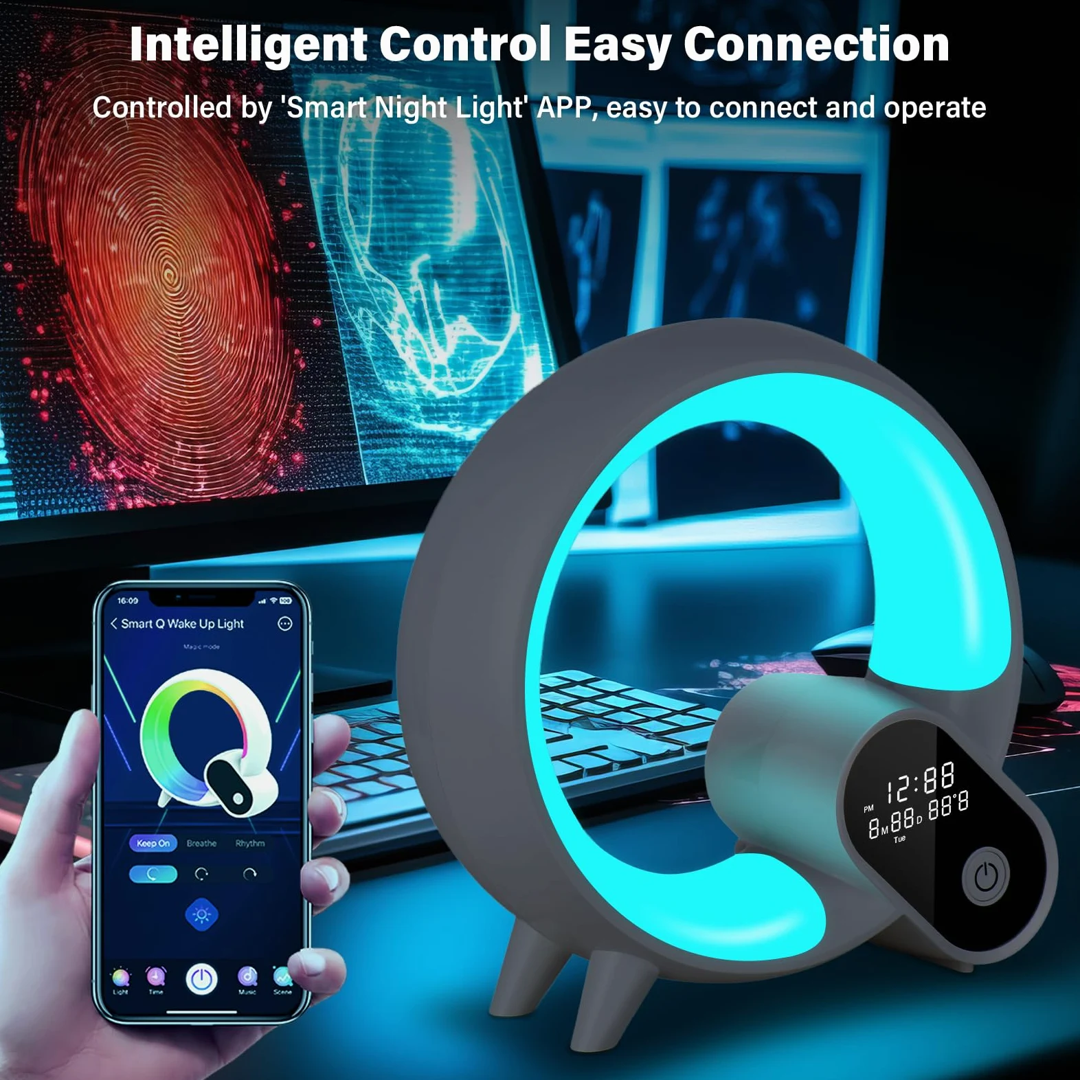 Sunrise Sveglia con luce sveglia – Smart Lights Sound Machine con controllo app, Bluetooth, ora, temperatura, visualizzazione della data, musica sonno atmosfera lampada