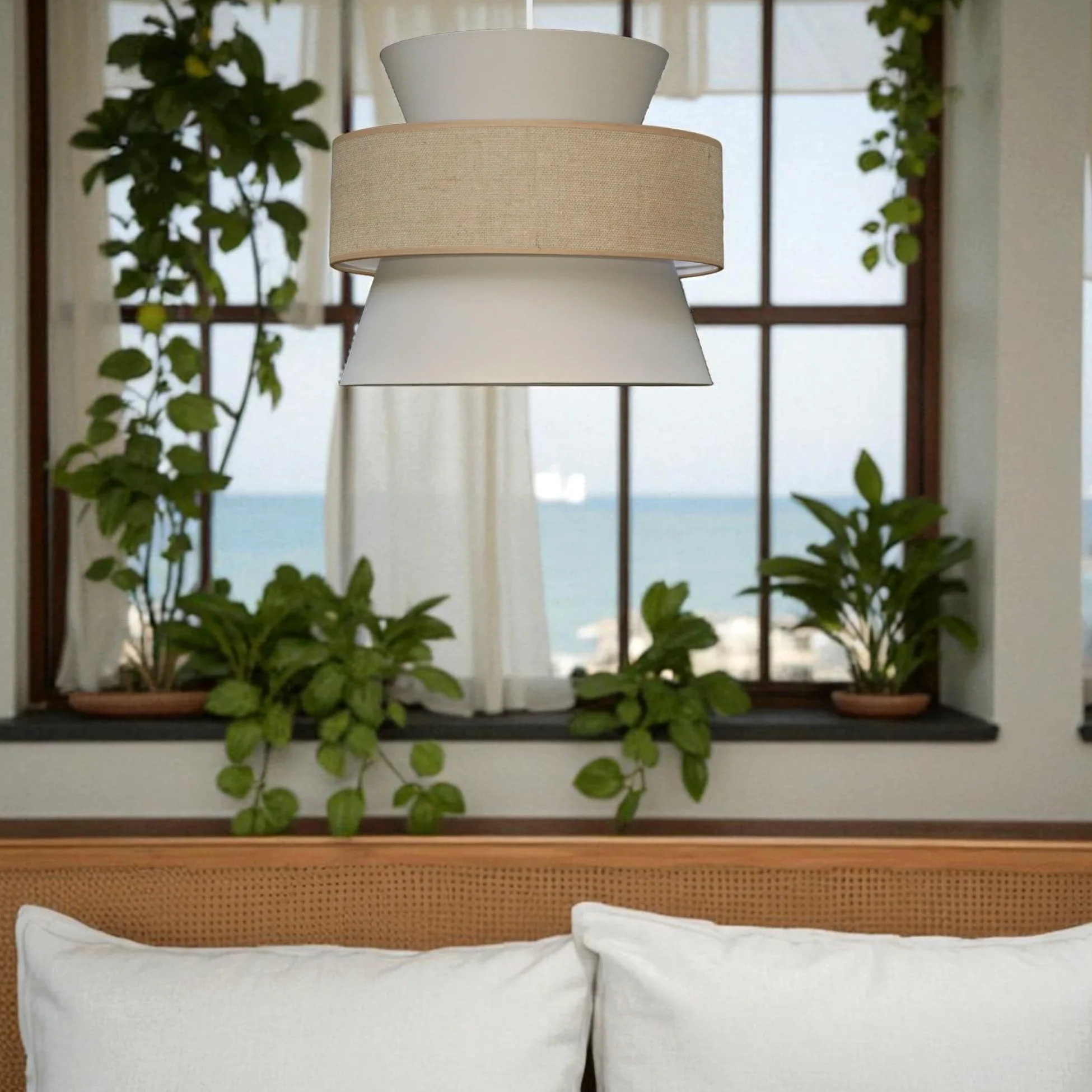 Lampada a sospensione BOHO 2xE27, diametro 38 cm, grande paralume in cotone e juta, per camera dei bambini, soggiorno, camera da letto, cucina, ingresso e ufficio, made in EU