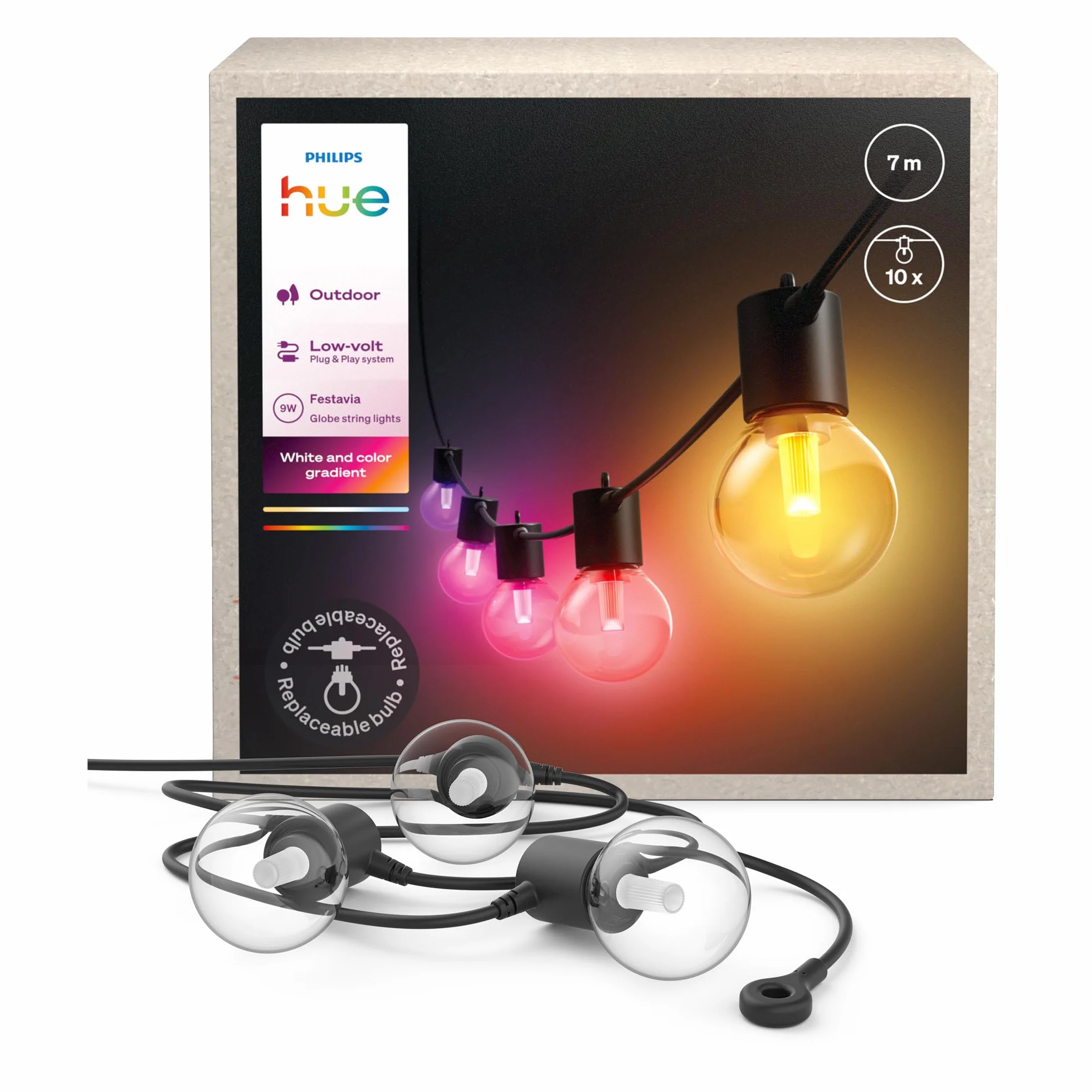 Philips Hue Strisce led dimmerabili a globo Festavia, Led da esterni con intensità regolabile, 10 luci decorative esterno con controllo da app Hue, compatibile con Alexa, Google Assistant e Apple Home