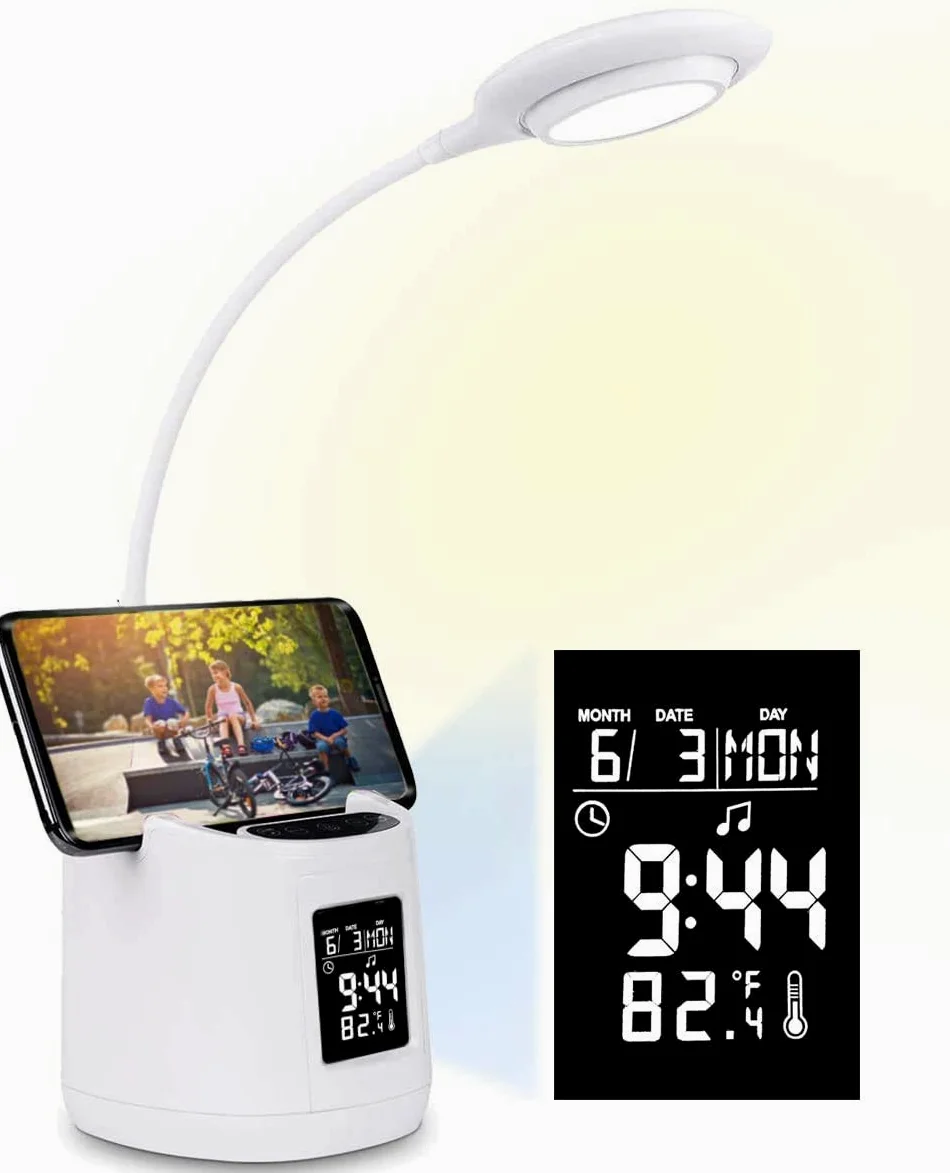 Lampada da scrivania a LED, DORSION con sveglia con ricarica USB, Lampada da scrivania per bambini con portamatite